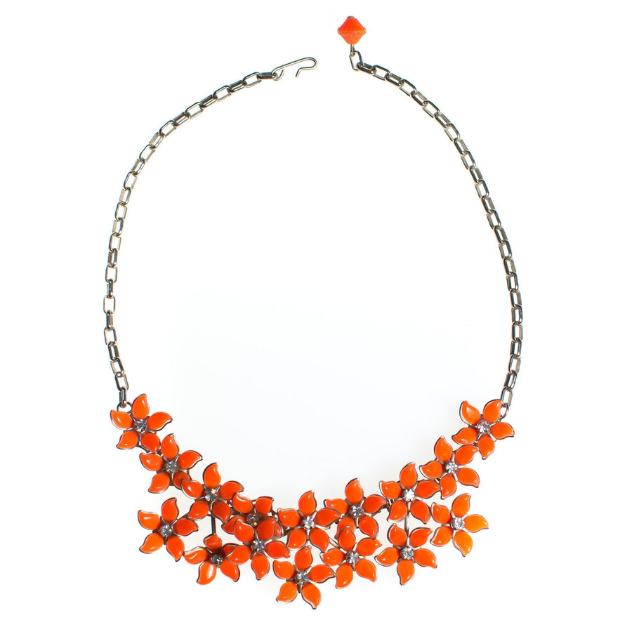 Vintage Orange Thermoset Flower Necklace, Orange Lucite Flowers, Silver Tone Chain, Rhinestones, Fish Hook Clasp by 1950s - Vintage Meet Modern Vintage Jewelry - Chicago, Illinois - #oldhollywoodglamour #vintagemeetmodern #designervintage #jewelrybox #antiquejewelry #vintagejewelry