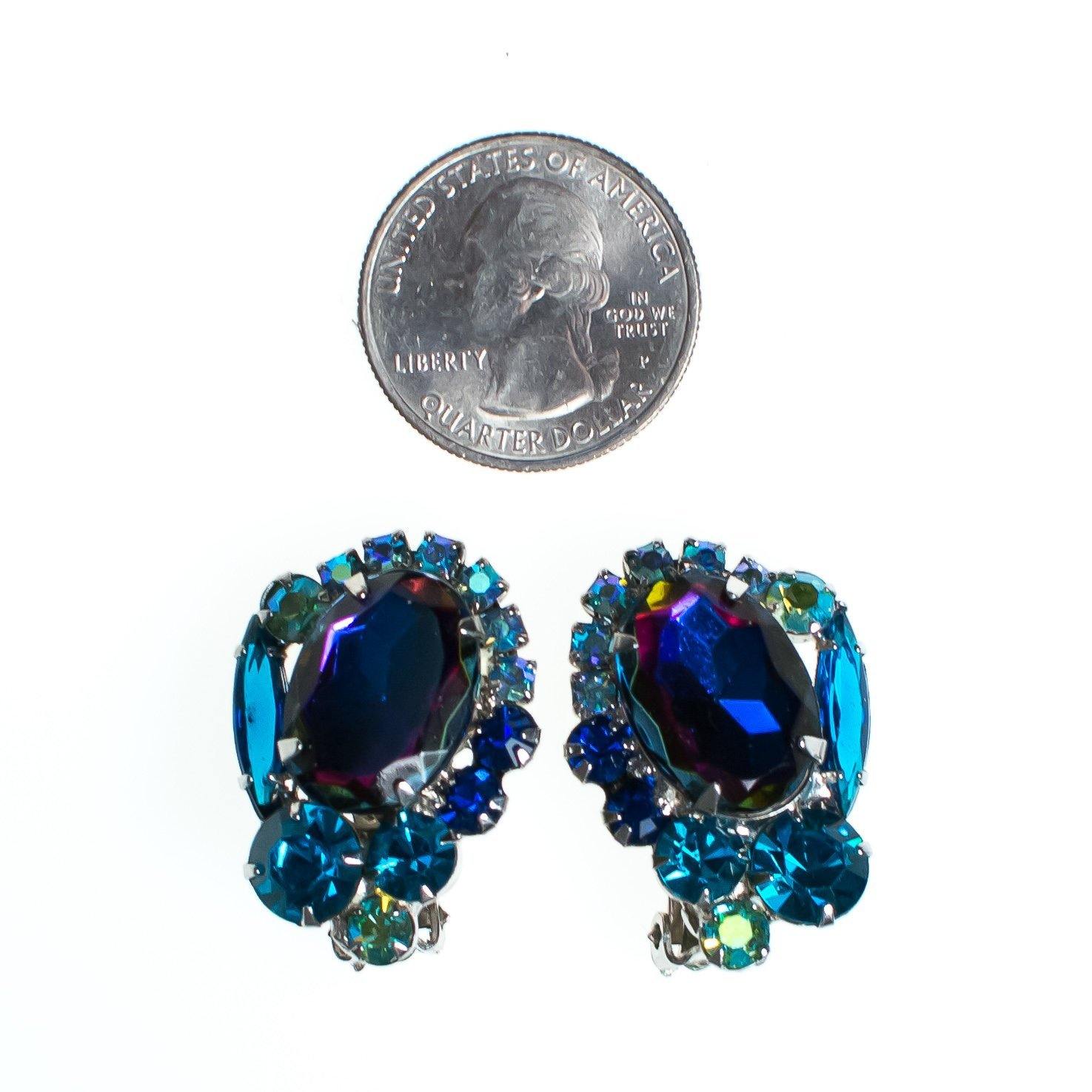 Vintage Juliana Peacock Blue Statement Earrings, Blue Rhinestones, Purple Rhinestone, Green Rhinestone, Silver Tone Setting, Clip-on by Juliana - Vintage Meet Modern Vintage Jewelry - Chicago, Illinois - #oldhollywoodglamour #vintagemeetmodern #designervintage #jewelrybox #antiquejewelry #vintagejewelry