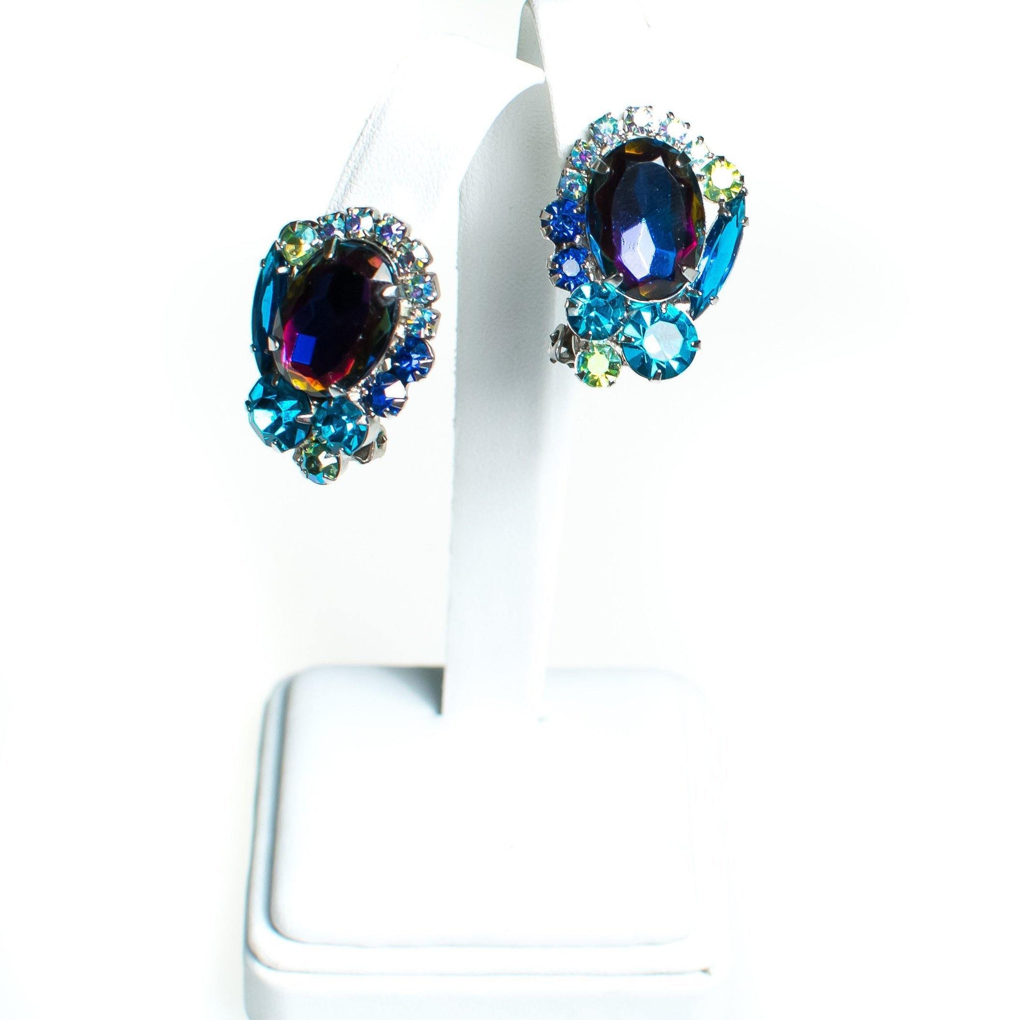 Vintage Juliana Peacock Blue Statement Earrings, Blue Rhinestones, Purple Rhinestone, Green Rhinestone, Silver Tone Setting, Clip-on by Juliana - Vintage Meet Modern Vintage Jewelry - Chicago, Illinois - #oldhollywoodglamour #vintagemeetmodern #designervintage #jewelrybox #antiquejewelry #vintagejewelry