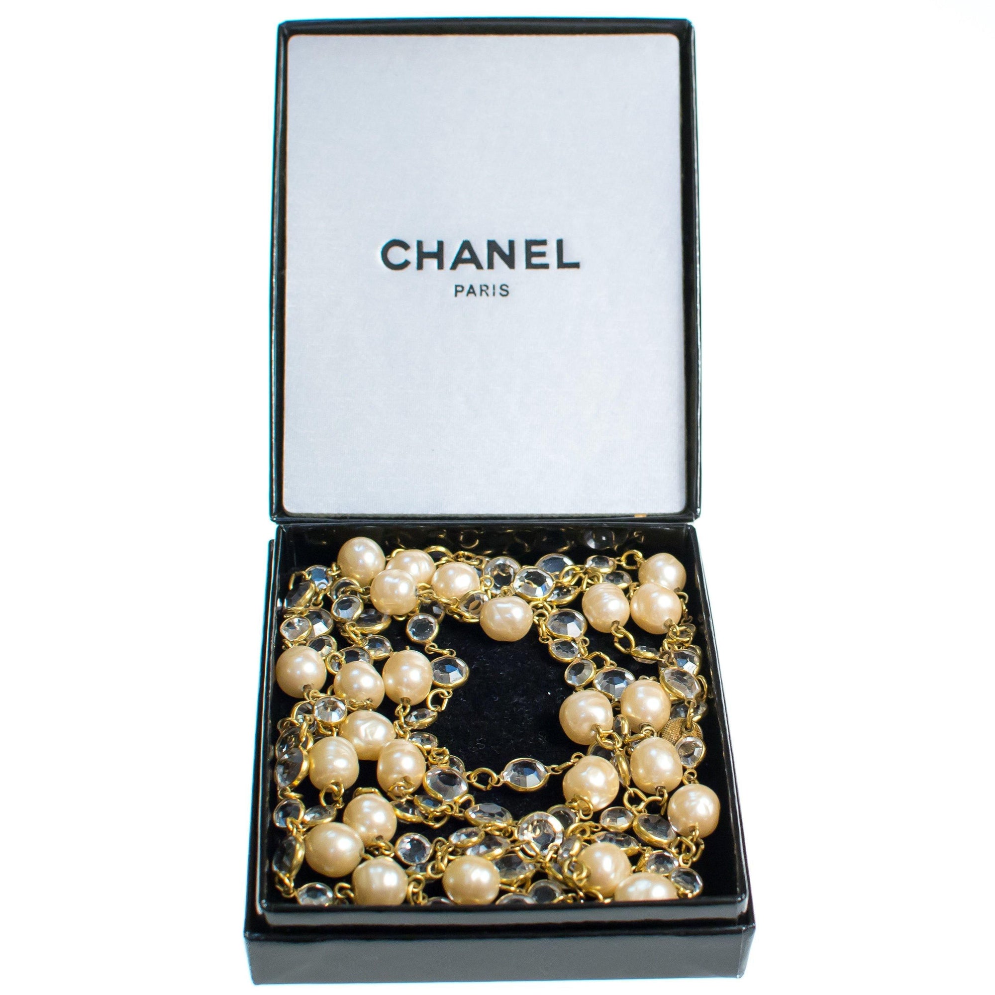 Vintage Chanel Bezel Set Crystal and Pearl Chicklet Sautoir Necklace by Chanel - Vintage Meet Modern Vintage Jewelry - Chicago, Illinois - #oldhollywoodglamour #vintagemeetmodern #designervintage #jewelrybox #antiquejewelry #vintagejewelry