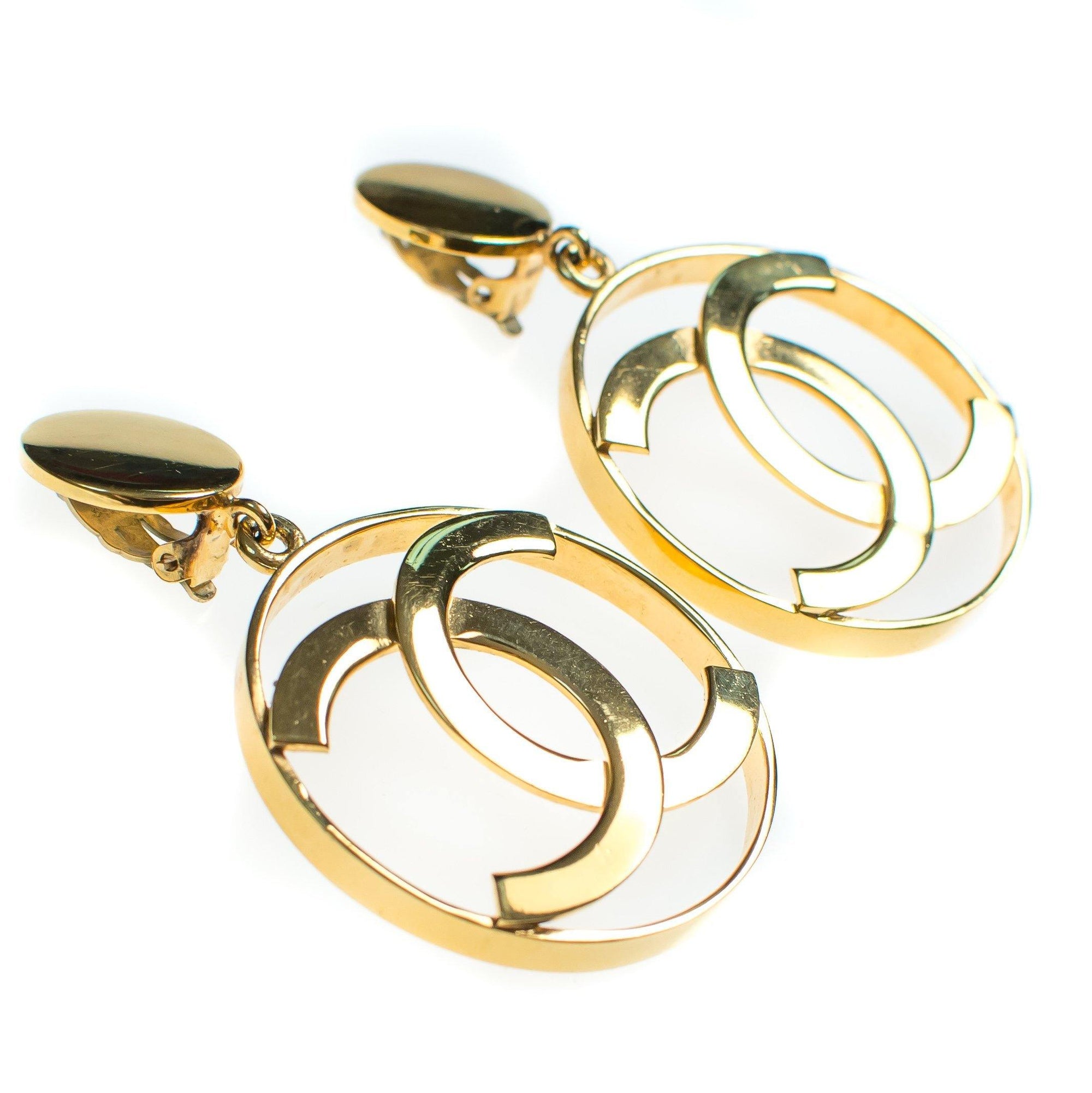 Vintage Gold Chanel CC Logo Statement Earrings by Chanel - Vintage Meet Modern Vintage Jewelry - Chicago, Illinois - #oldhollywoodglamour #vintagemeetmodern #designervintage #jewelrybox #antiquejewelry #vintagejewelry