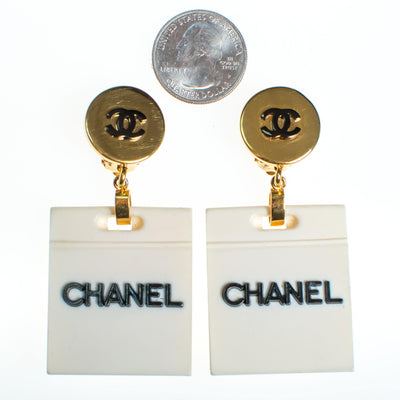 Vintage Chanel Black and White Shopping Bag Statement Earrings by Chanel - Vintage Meet Modern Vintage Jewelry - Chicago, Illinois - #oldhollywoodglamour #vintagemeetmodern #designervintage #jewelrybox #antiquejewelry #vintagejewelry