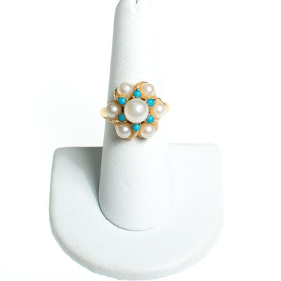 Vintage 1970s Avon Faux Pearl and Turquoise Bead Adjustable Cocktail Statement Ring by Avon - Vintage Meet Modern Vintage Jewelry - Chicago, Illinois - #oldhollywoodglamour #vintagemeetmodern #designervintage #jewelrybox #antiquejewelry #vintagejewelry