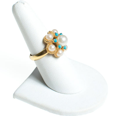 Vintage 1970s Avon Faux Pearl and Turquoise Bead Adjustable Cocktail Statement Ring by Avon - Vintage Meet Modern Vintage Jewelry - Chicago, Illinois - #oldhollywoodglamour #vintagemeetmodern #designervintage #jewelrybox #antiquejewelry #vintagejewelry