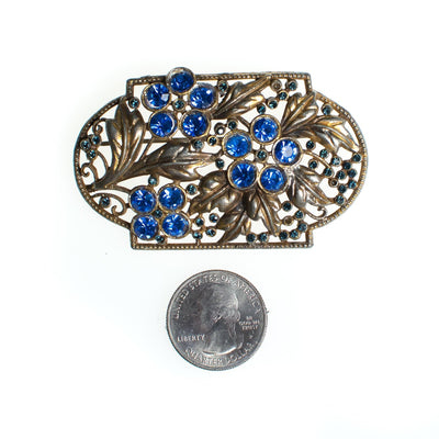 Vintage Czech Floral Brooch with Blue Rhinestones, Gold Tone Setting, Brooches and Pins by Czech - Vintage Meet Modern Vintage Jewelry - Chicago, Illinois - #oldhollywoodglamour #vintagemeetmodern #designervintage #jewelrybox #antiquejewelry #vintagejewelry