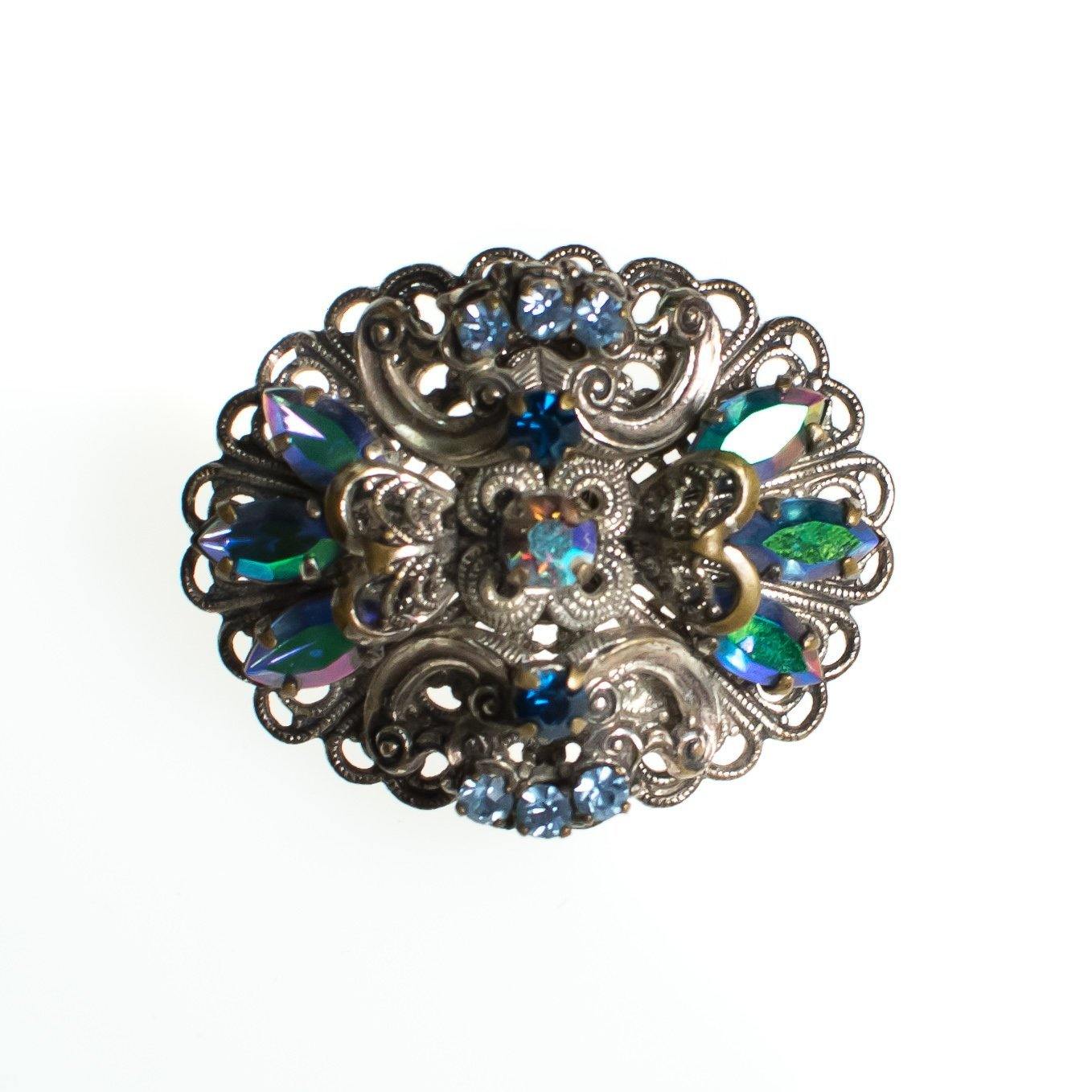 Vintage West Germany Silver Filigree Brooch with Aurora Borealis Rhinestones, Iridescent Rhinestones, Silver Tone Brooch, Brooches and Pins
