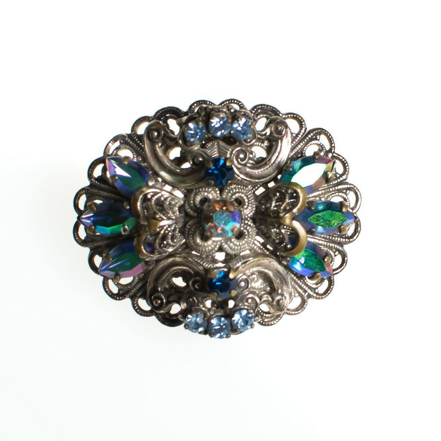 Vintage West Germany Silver Filigree Brooch with Aurora Borealis Rhinestones, Iridescent Rhinestones, Silver Tone Brooch, Brooches and Pins by West Germany - Vintage Meet Modern Vintage Jewelry - Chicago, Illinois - #oldhollywoodglamour #vintagemeetmodern #designervintage #jewelrybox #antiquejewelry #vintagejewelry
