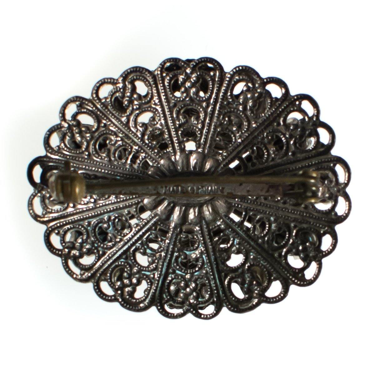 Vintage West Germany Silver Filigree Brooch with Aurora Borealis Rhinestones, Iridescent Rhinestones, Silver Tone Brooch, Brooches and Pins by West Germany - Vintage Meet Modern Vintage Jewelry - Chicago, Illinois - #oldhollywoodglamour #vintagemeetmodern #designervintage #jewelrybox #antiquejewelry #vintagejewelry