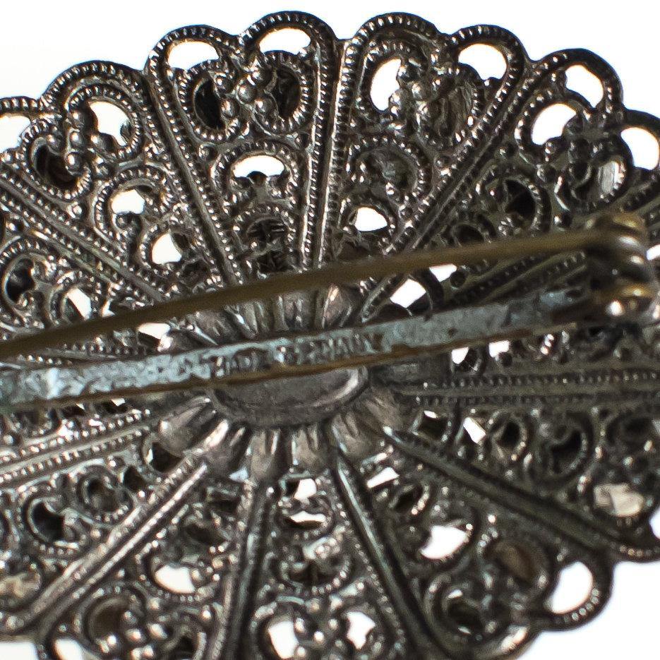 Vintage West Germany Silver Filigree Brooch with Aurora Borealis Rhinestones, Iridescent Rhinestones, Silver Tone Brooch, Brooches and Pins by West Germany - Vintage Meet Modern Vintage Jewelry - Chicago, Illinois - #oldhollywoodglamour #vintagemeetmodern #designervintage #jewelrybox #antiquejewelry #vintagejewelry