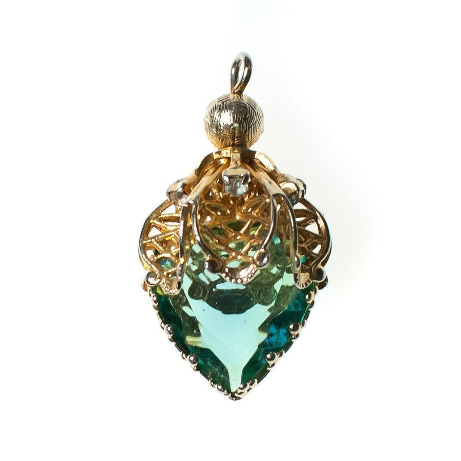 Vintage Light Aqua Crystal Gold Filigree Capped Pendant, Gold Tone Setting, Rhinestones by 1950s - Vintage Meet Modern Vintage Jewelry - Chicago, Illinois - #oldhollywoodglamour #vintagemeetmodern #designervintage #jewelrybox #antiquejewelry #vintagejewelry