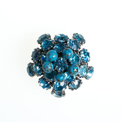 Vintage Domed Round Blue Rhinestone Brooch, Turquoise Art Glass Cabochons, Silver Tone Setting by 1950s - Vintage Meet Modern Vintage Jewelry - Chicago, Illinois - #oldhollywoodglamour #vintagemeetmodern #designervintage #jewelrybox #antiquejewelry #vintagejewelry