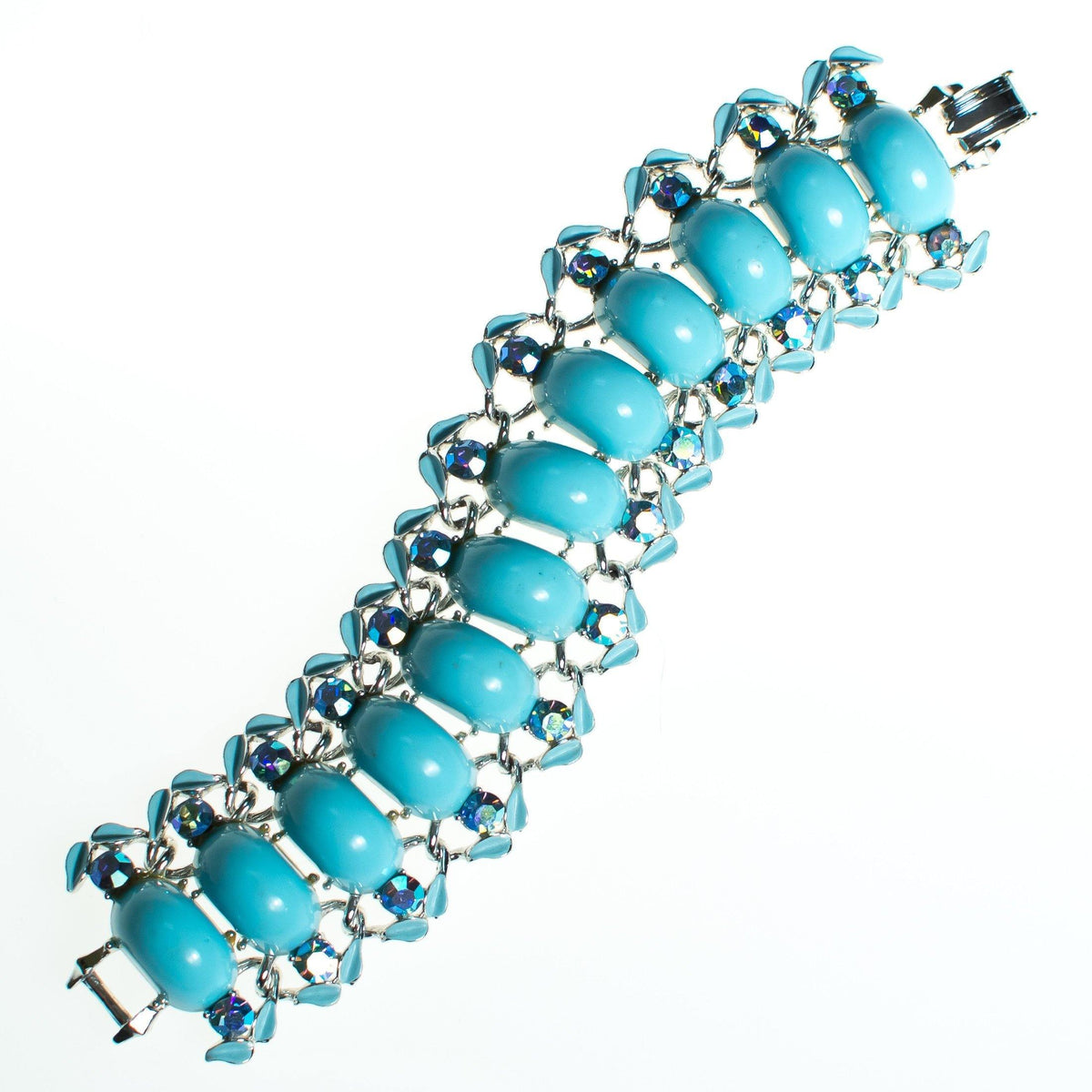 Vintage Turquoise Blue Lucite Bracelet, Blue Iridescent Rhinestones, Silver Tone, Snap Lock Clasp