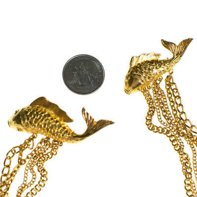 Vintage Long Gold Chatelaine Brooch with Jumping Koi Fish by 1980s - Vintage Meet Modern Vintage Jewelry - Chicago, Illinois - #oldhollywoodglamour #vintagemeetmodern #designervintage #jewelrybox #antiquejewelry #vintagejewelry