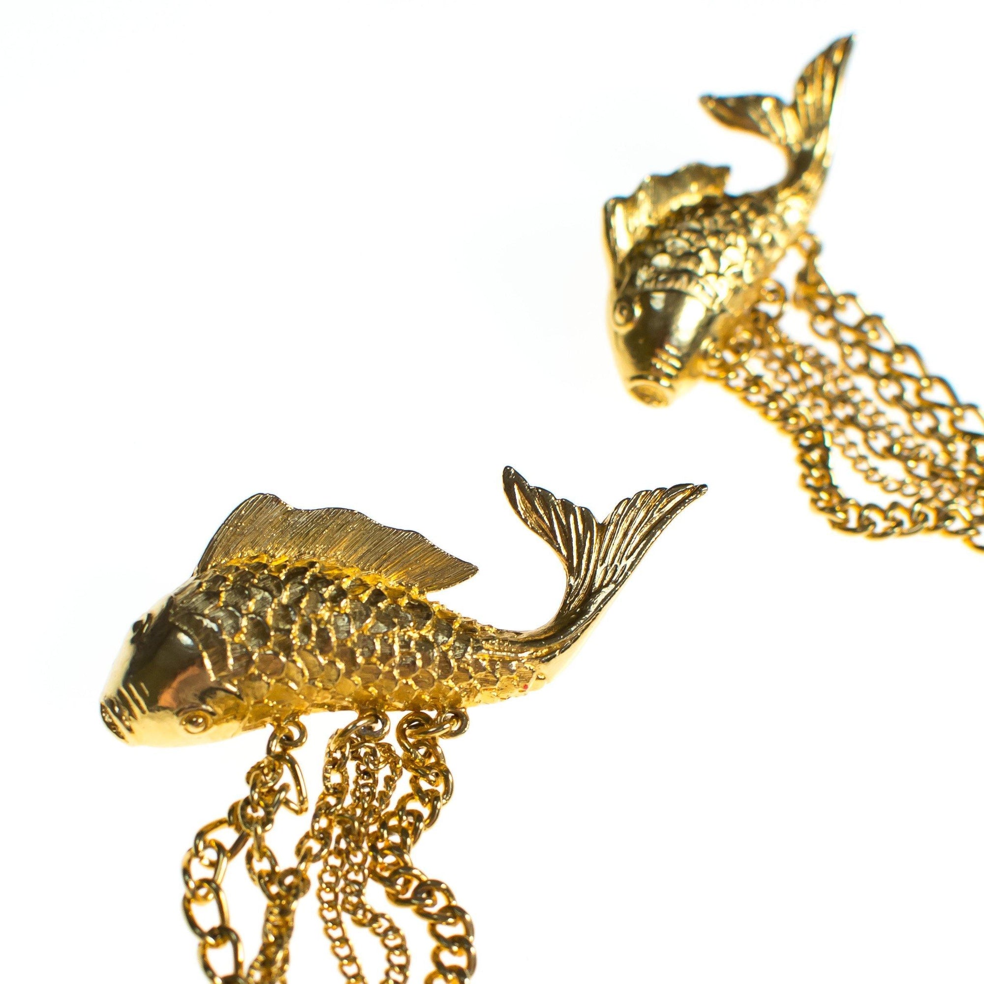 Vintage Long Gold Chatelaine Brooch with Jumping Koi Fish by 1980s - Vintage Meet Modern Vintage Jewelry - Chicago, Illinois - #oldhollywoodglamour #vintagemeetmodern #designervintage #jewelrybox #antiquejewelry #vintagejewelry