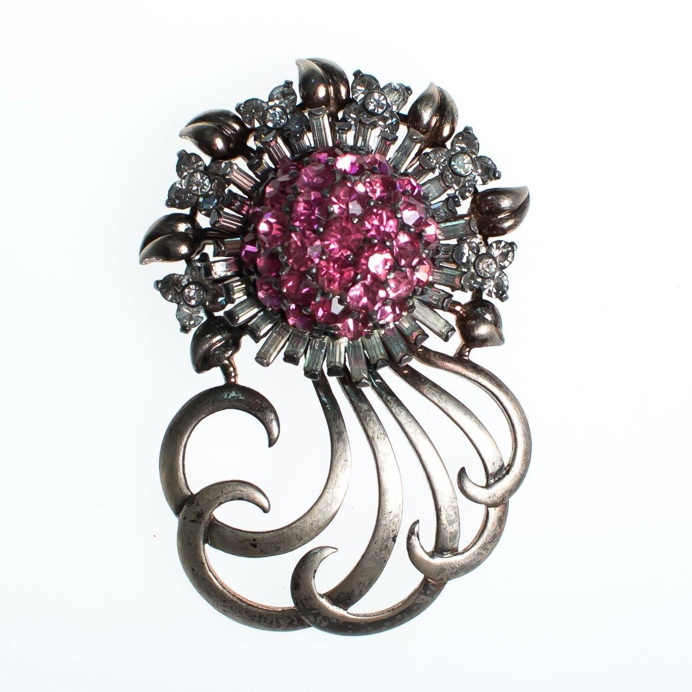 Vintage Pennino Sterlin Silver Brooch, Pink and Clear Rhinestones, Silver Tone Setting, Brooches and Pins by Pennino - Vintage Meet Modern Vintage Jewelry - Chicago, Illinois - #oldhollywoodglamour #vintagemeetmodern #designervintage #jewelrybox #antiquejewelry #vintagejewelry