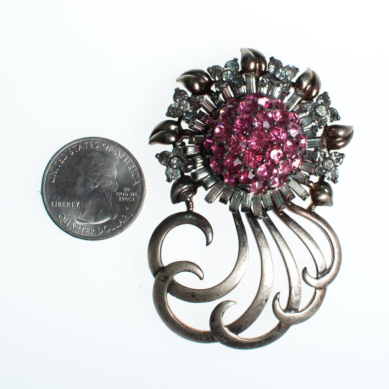 Vintage Pennino Sterlin Silver Brooch, Pink and Clear Rhinestones, Silver Tone Setting, Brooches and Pins by Pennino - Vintage Meet Modern Vintage Jewelry - Chicago, Illinois - #oldhollywoodglamour #vintagemeetmodern #designervintage #jewelrybox #antiquejewelry #vintagejewelry