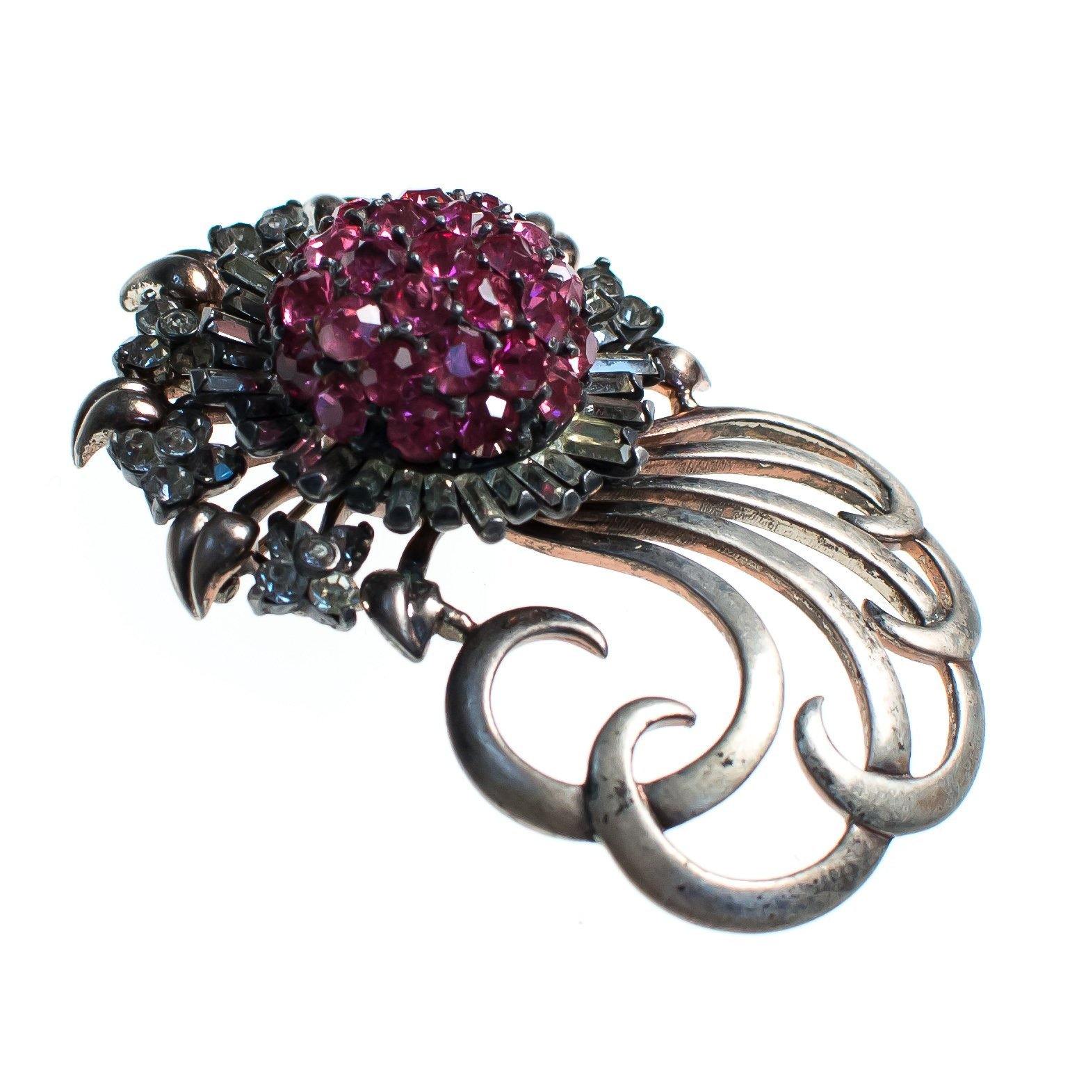 Vintage Pennino Sterlin Silver Brooch, Pink and Clear Rhinestones, Silver Tone Setting, Brooches and Pins by Pennino - Vintage Meet Modern Vintage Jewelry - Chicago, Illinois - #oldhollywoodglamour #vintagemeetmodern #designervintage #jewelrybox #antiquejewelry #vintagejewelry