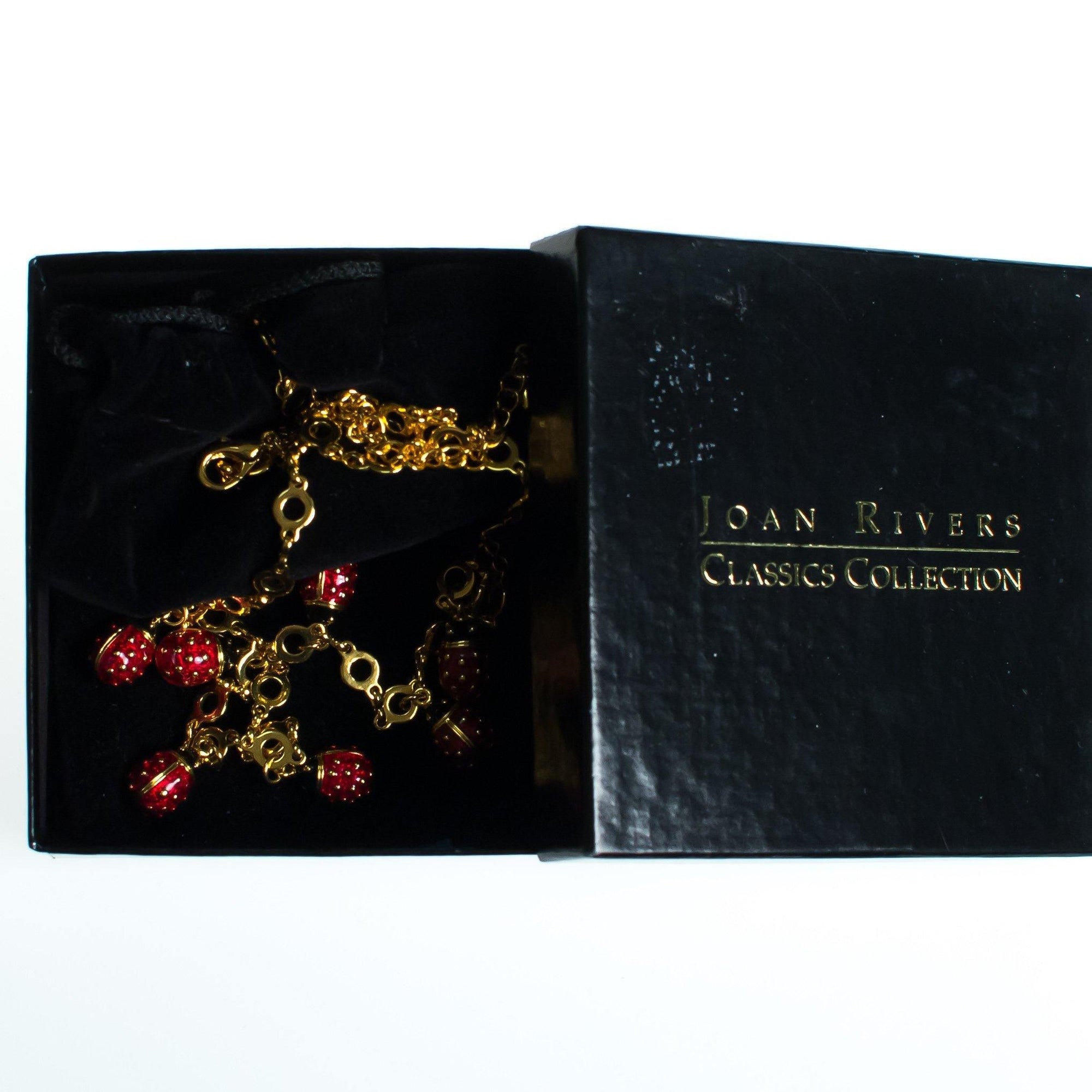 Vintage Joan Rivers Lady Bug Charm Necklace, Red, Black, and Gold Lady Bug Dangles, Gold Tone Necklace, Lobster Clasp by Joan Rivers - Vintage Meet Modern Vintage Jewelry - Chicago, Illinois - #oldhollywoodglamour #vintagemeetmodern #designervintage #jewelrybox #antiquejewelry #vintagejewelry