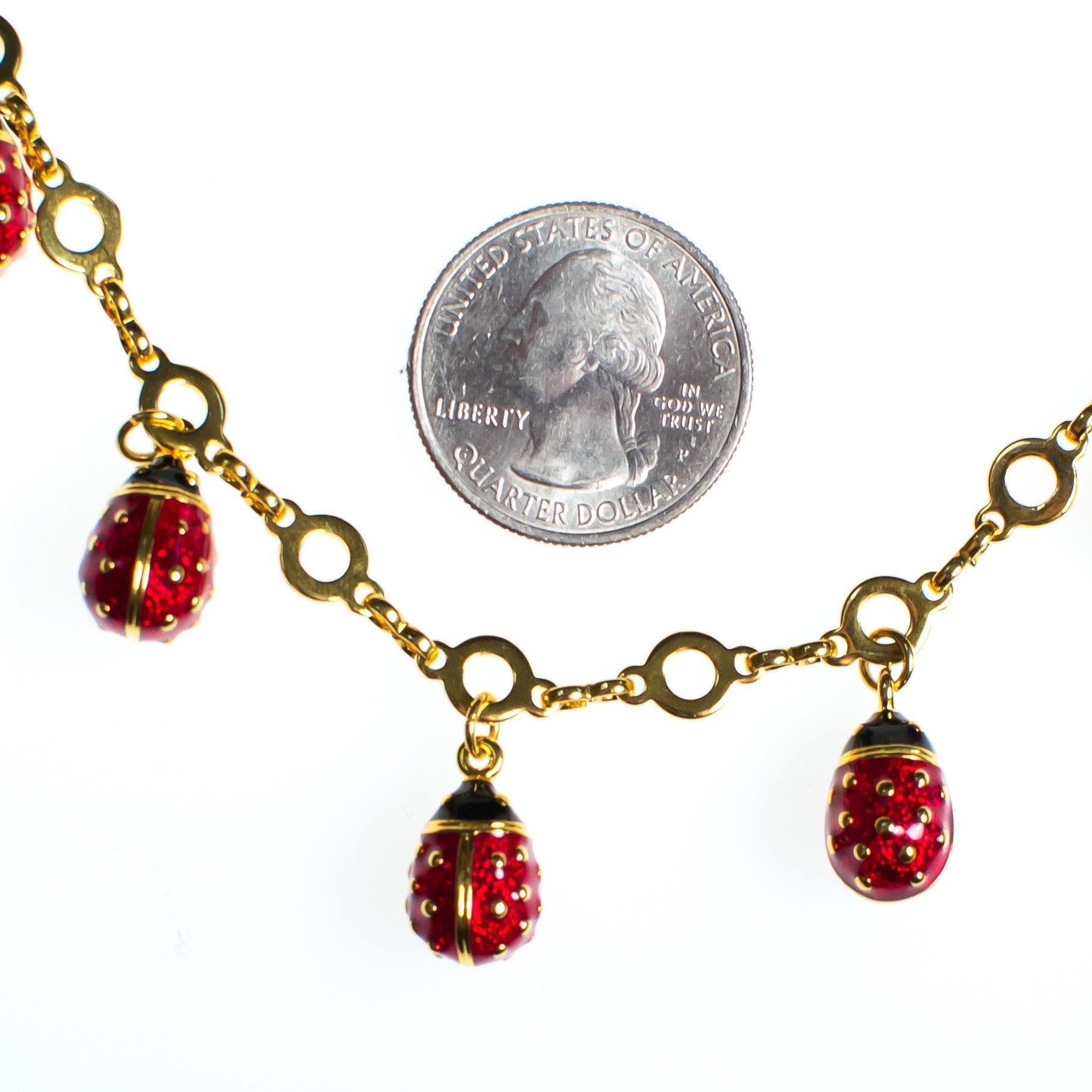 Vintage Joan Rivers Lady Bug Charm Necklace, Red, Black, and Gold Lady Bug Dangles, Gold Tone Necklace, Lobster Clasp by Joan Rivers - Vintage Meet Modern Vintage Jewelry - Chicago, Illinois - #oldhollywoodglamour #vintagemeetmodern #designervintage #jewelrybox #antiquejewelry #vintagejewelry