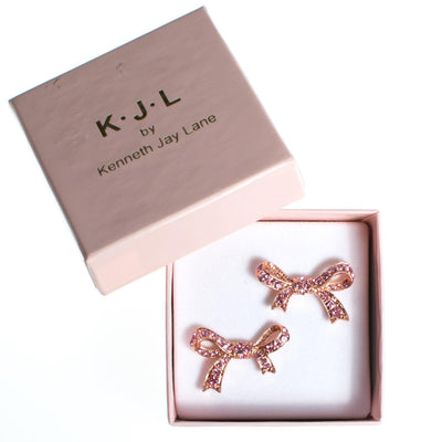 Vintage Kenneth Jay Lane Pink Rhinestone Bow Earrings, Pink Cancer Bow, Pink Rhinestones, Pierced by Kenneth Jay Lane - Vintage Meet Modern Vintage Jewelry - Chicago, Illinois - #oldhollywoodglamour #vintagemeetmodern #designervintage #jewelrybox #antiquejewelry #vintagejewelry