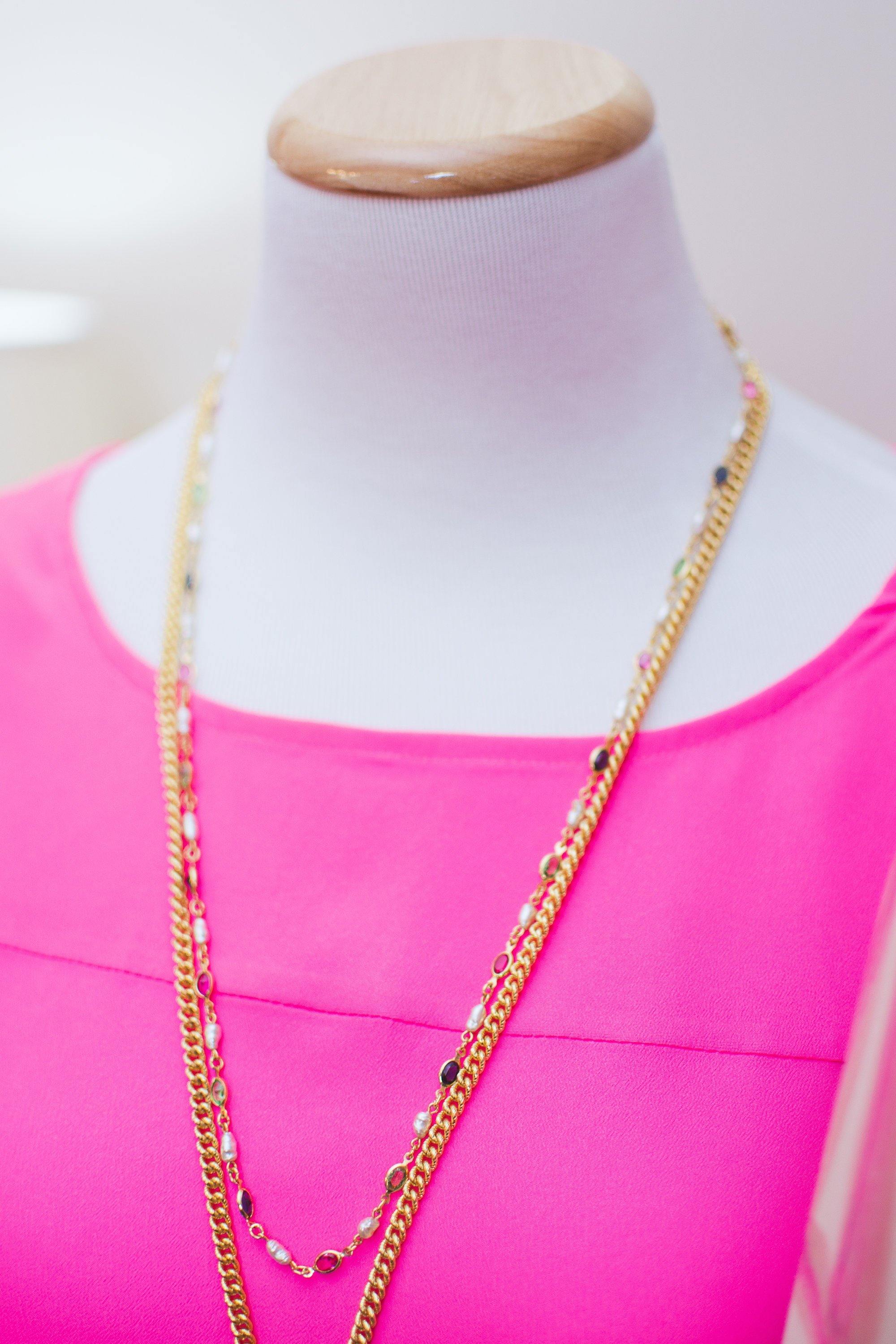 Vintage Petite Pink Blue Green Bezel Set Crystal Necklace with Genuine Freshwater Cultured Rice Pearls by 1980s - Vintage Meet Modern Vintage Jewelry - Chicago, Illinois - #oldhollywoodglamour #vintagemeetmodern #designervintage #jewelrybox #antiquejewelry #vintagejewelry