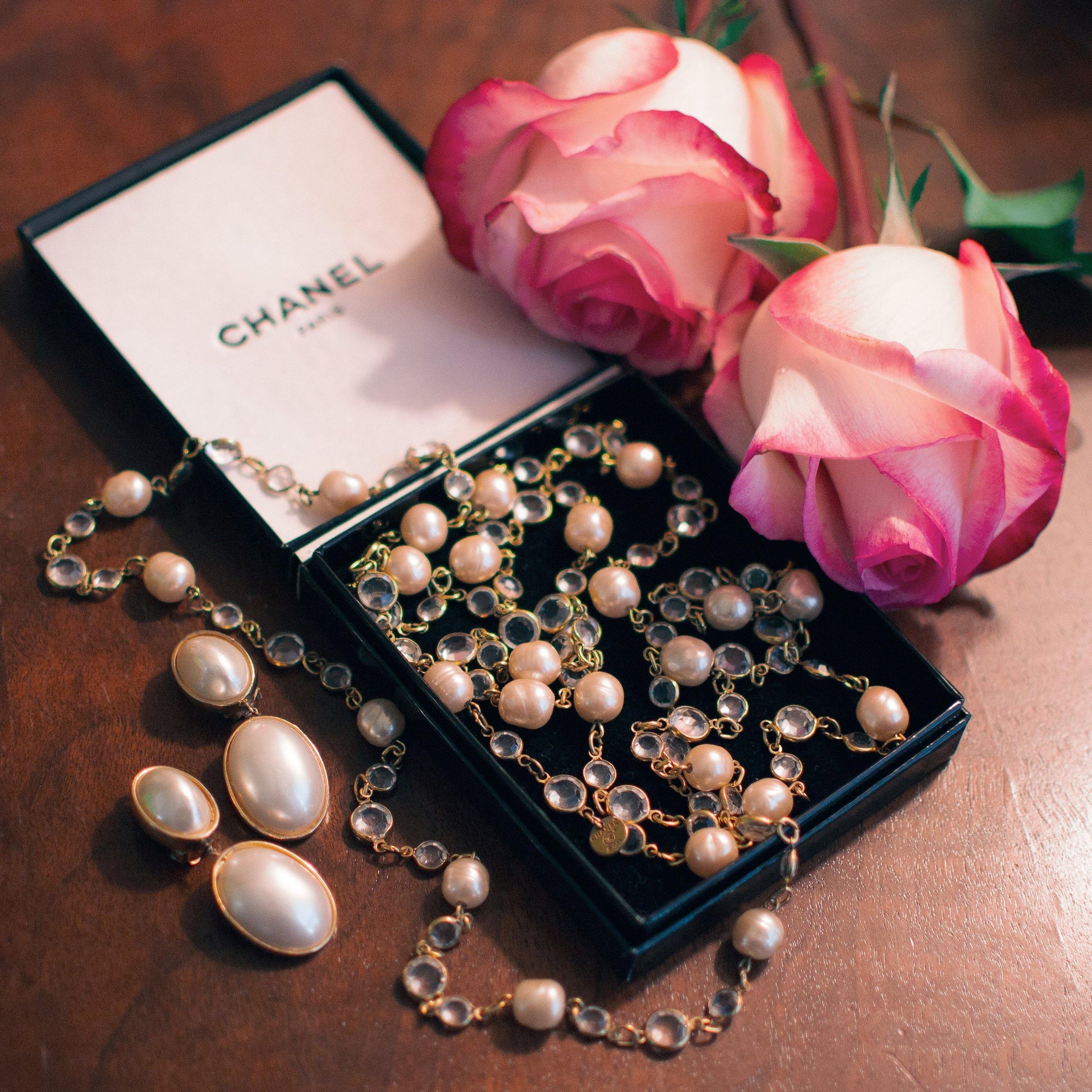 Vintage Chanel Bezel Set Crystal and Pearl Chicklet Sautoir Necklace by Chanel - Vintage Meet Modern Vintage Jewelry - Chicago, Illinois - #oldhollywoodglamour #vintagemeetmodern #designervintage #jewelrybox #antiquejewelry #vintagejewelry