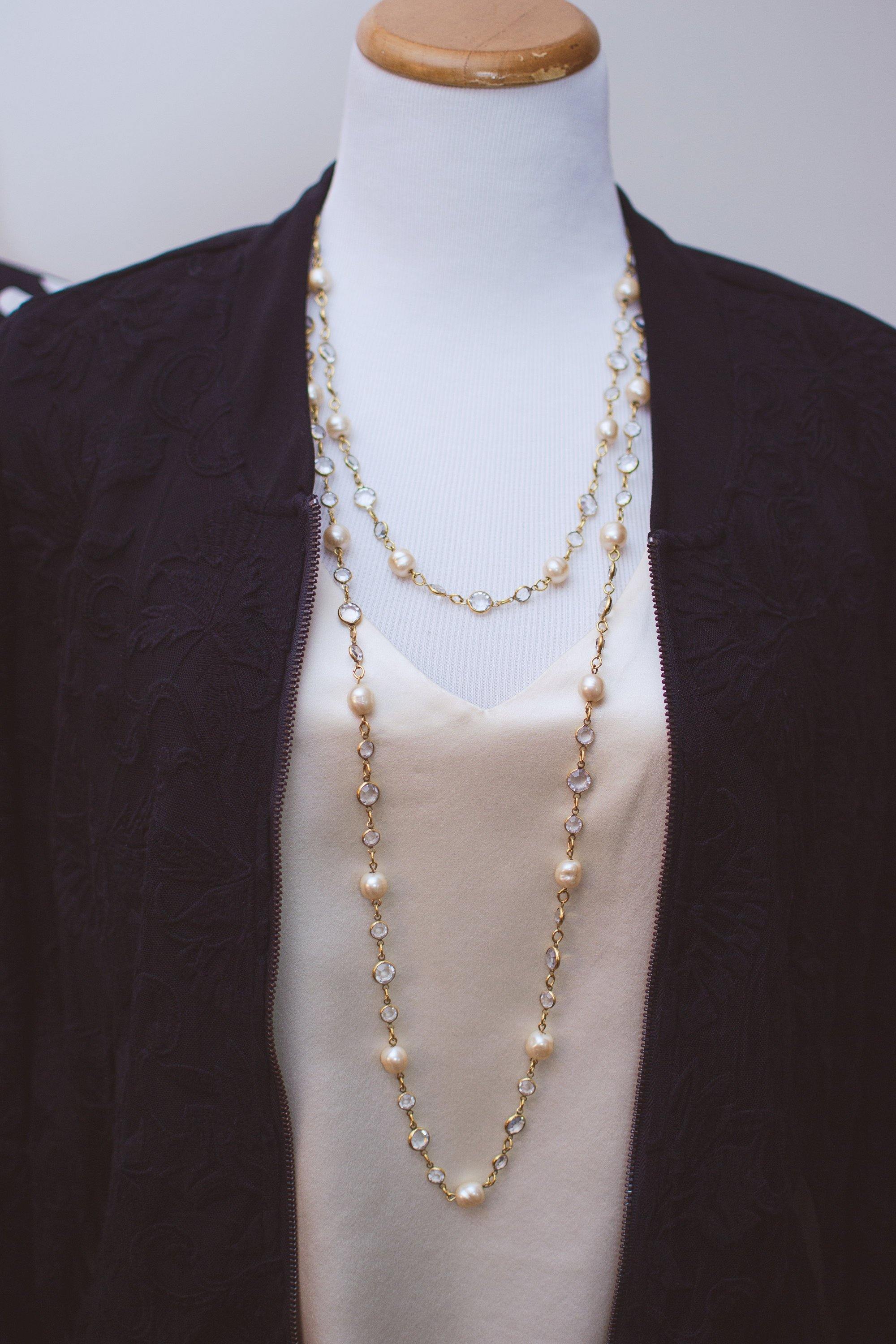 Vintage Chanel Bezel Set Crystal and Pearl Chicklet Sautoir Necklace by Chanel - Vintage Meet Modern Vintage Jewelry - Chicago, Illinois - #oldhollywoodglamour #vintagemeetmodern #designervintage #jewelrybox #antiquejewelry #vintagejewelry