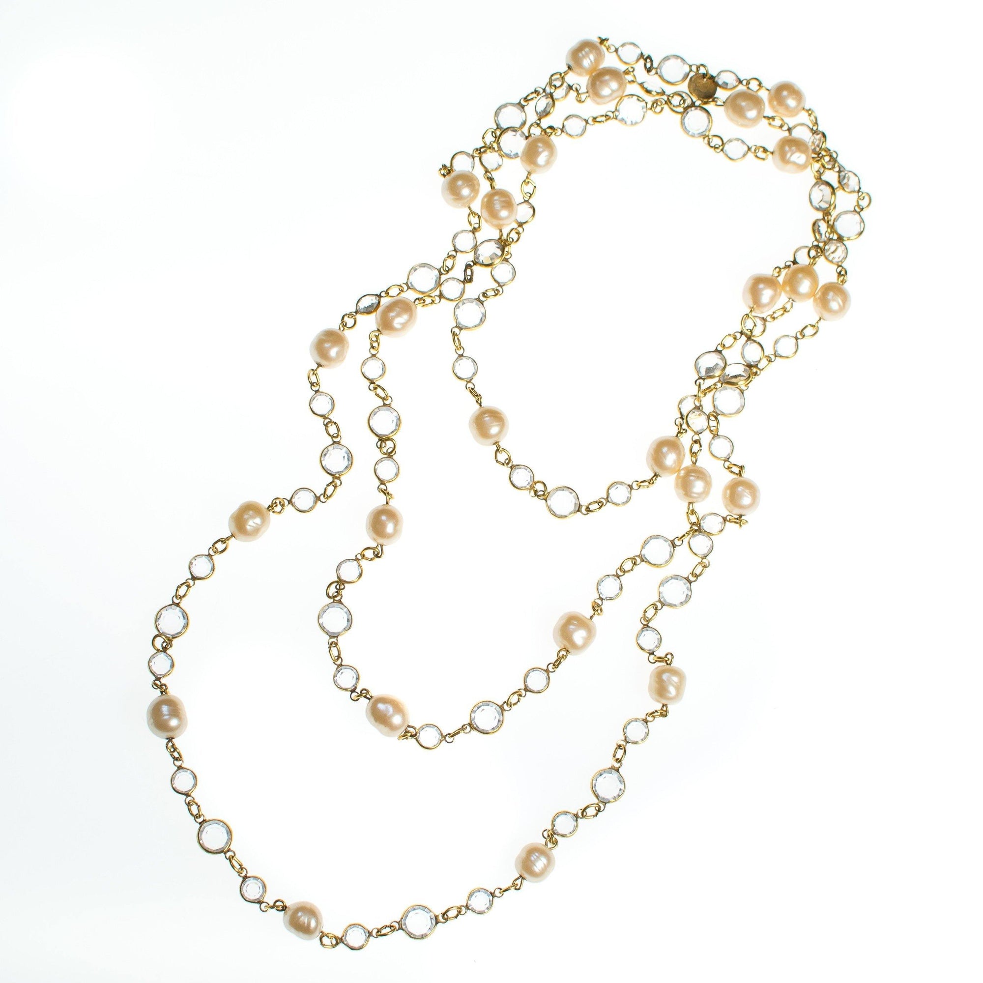 Vintage Chanel Bezel Set Crystal and Pearl Chicklet Sautoir Necklace by Chanel - Vintage Meet Modern Vintage Jewelry - Chicago, Illinois - #oldhollywoodglamour #vintagemeetmodern #designervintage #jewelrybox #antiquejewelry #vintagejewelry
