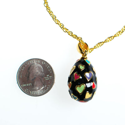 Vintage Joan Rivers Heart Imperia Egg Pendant Black Pendant with colorful Hearts Gold Tone Chain Lobster Clasp by Joan Rivers - Vintage Meet Modern Vintage Jewelry - Chicago, Illinois - #oldhollywoodglamour #vintagemeetmodern #designervintage #jewelrybox #antiquejewelry #vintagejewelry
