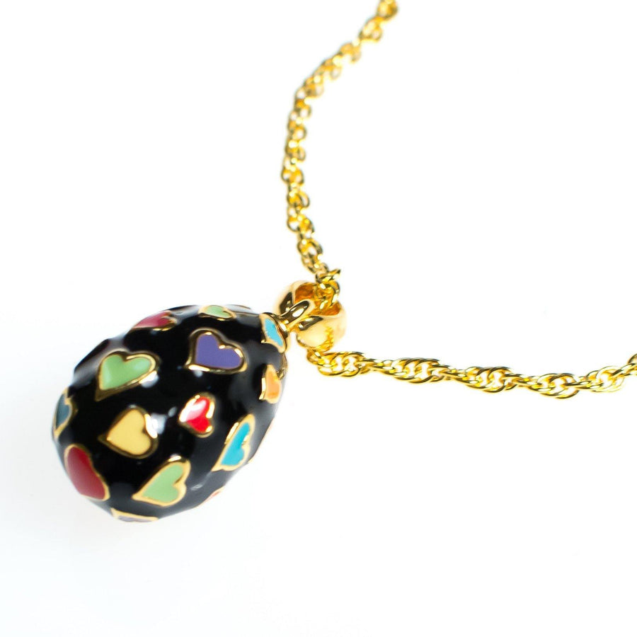 Vintage Joan Rivers Heart Imperia Egg Pendant Black Pendant with colorful Hearts Gold Tone Chain Lobster Clasp by Joan Rivers - Vintage Meet Modern Vintage Jewelry - Chicago, Illinois - #oldhollywoodglamour #vintagemeetmodern #designervintage #jewelrybox #antiquejewelry #vintagejewelry
