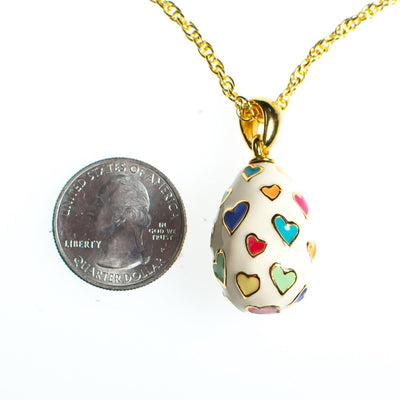 Joan Rivers Heart Imperial Egg Pendant, White Pendant with colorful Hearts, Gold Tone Chain, Lobster Clasp by Joan Rivers - Vintage Meet Modern Vintage Jewelry - Chicago, Illinois - #oldhollywoodglamour #vintagemeetmodern #designervintage #jewelrybox #antiquejewelry #vintagejewelry