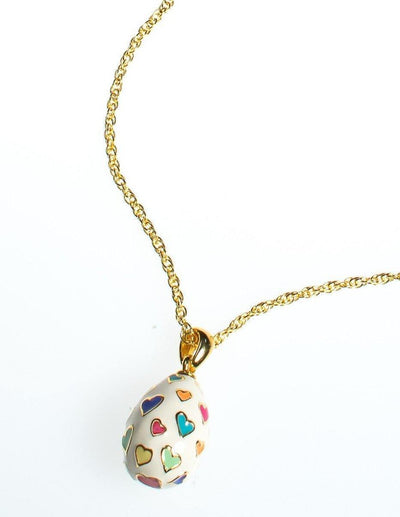 Joan Rivers Heart Imperial Egg Pendant, White Pendant with colorful Hearts, Gold Tone Chain, Lobster Clasp by Joan Rivers - Vintage Meet Modern Vintage Jewelry - Chicago, Illinois - #oldhollywoodglamour #vintagemeetmodern #designervintage #jewelrybox #antiquejewelry #vintagejewelry