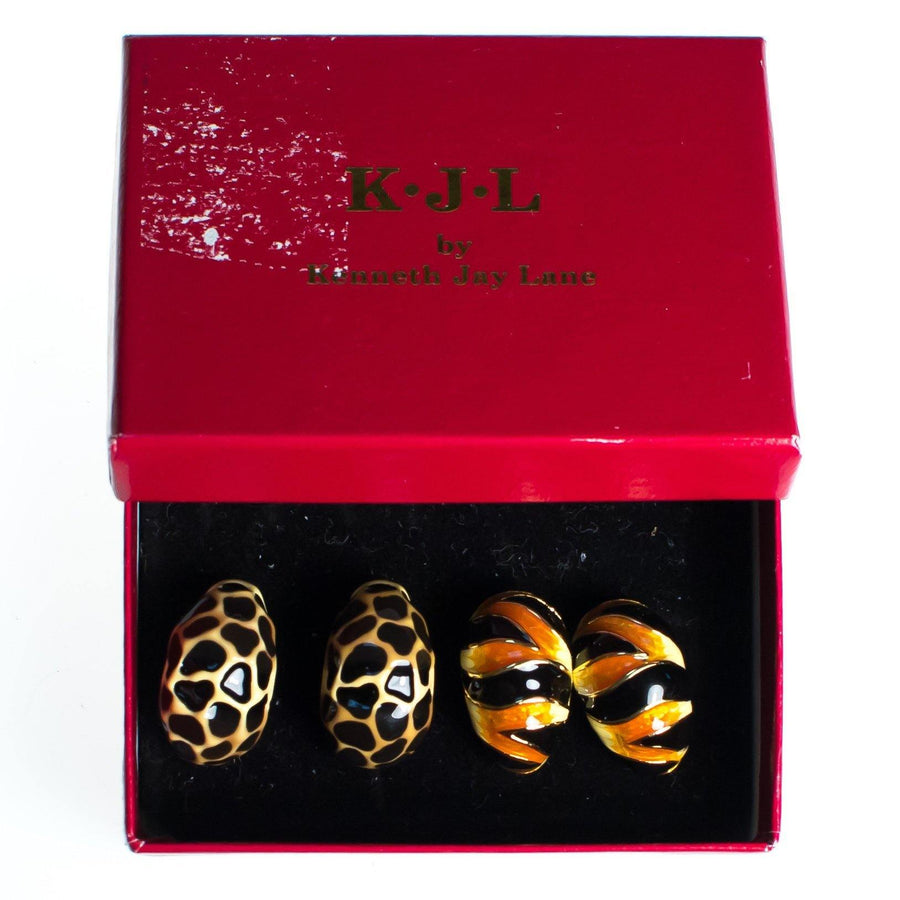 Vintage Kenneth Jay Lane Animal Print Earring Set, Black and Brown Earrings, Black, Orange, and Beige Earrings, Gold Tone Setting, Posts by kenneth jay lane - Vintage Meet Modern Vintage Jewelry - Chicago, Illinois - #oldhollywoodglamour #vintagemeetmodern #designervintage #jewelrybox #antiquejewelry #vintagejewelry