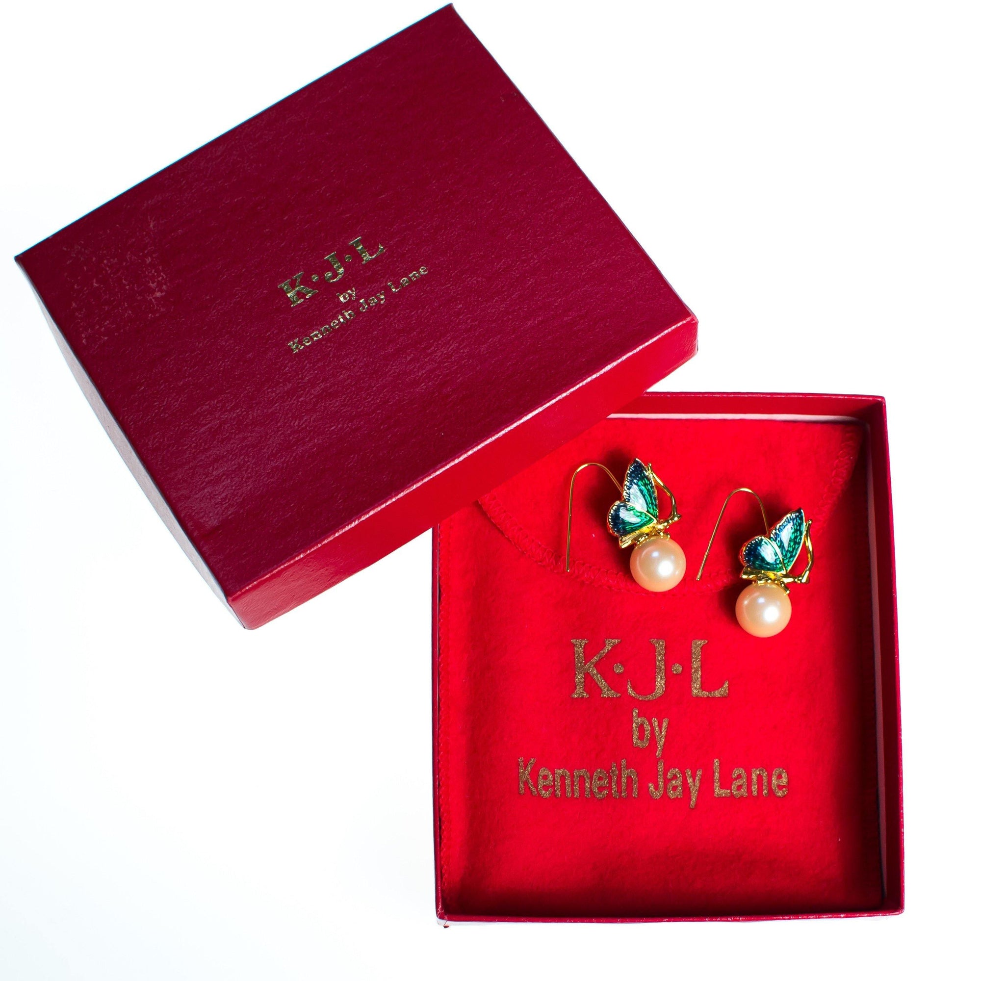 Vintage Kenneth Jay Lane Butterfly with Pearl Statement Earrings Wire Pierced by Kenneth Jay Lane - Vintage Meet Modern Vintage Jewelry - Chicago, Illinois - #oldhollywoodglamour #vintagemeetmodern #designervintage #jewelrybox #antiquejewelry #vintagejewelry