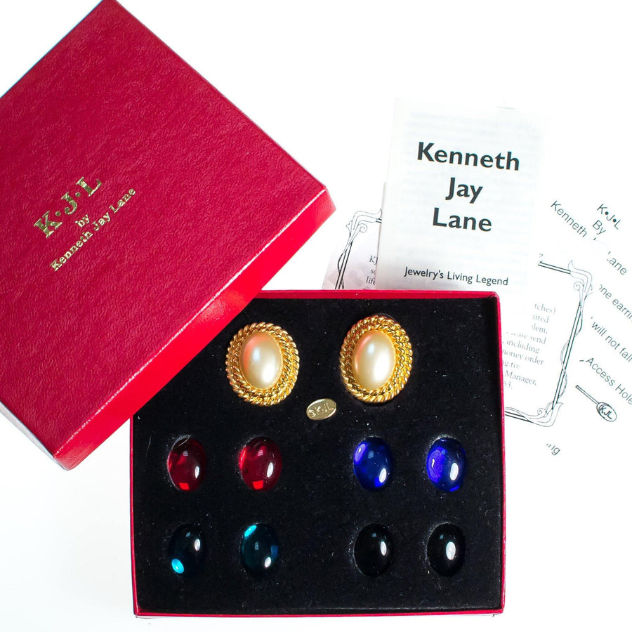 Vintage Kenneth Jay Lane Interchangeable Earrings Set, Gold Tone Setting, Gold, Blue, Red, Black, Faux Pearl, Oval Shape Pierced by Kenneth Jay Lane - Vintage Meet Modern Vintage Jewelry - Chicago, Illinois - #oldhollywoodglamour #vintagemeetmodern #designervintage #jewelrybox #antiquejewelry #vintagejewelry