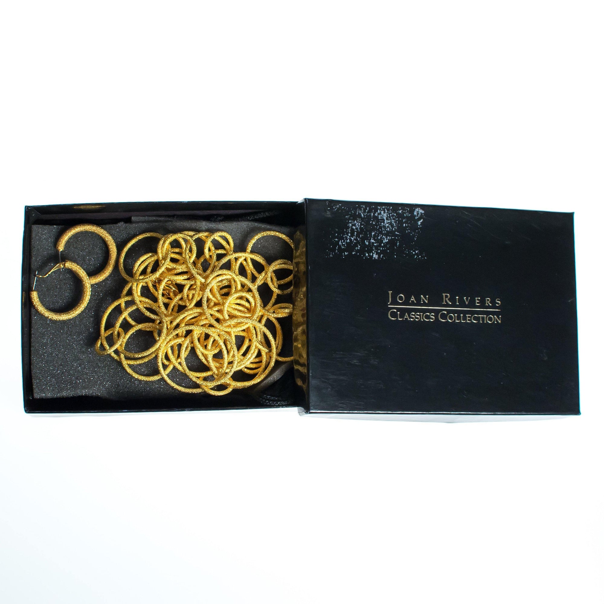 Vintage Joan Rivers Brushed Gold Large Circular Link Necklace and Hoop Earrings Set, Gold Tone Setting, Pierced, Lobster Claw Clasp by Joan Rivers - Vintage Meet Modern Vintage Jewelry - Chicago, Illinois - #oldhollywoodglamour #vintagemeetmodern #designervintage #jewelrybox #antiquejewelry #vintagejewelry