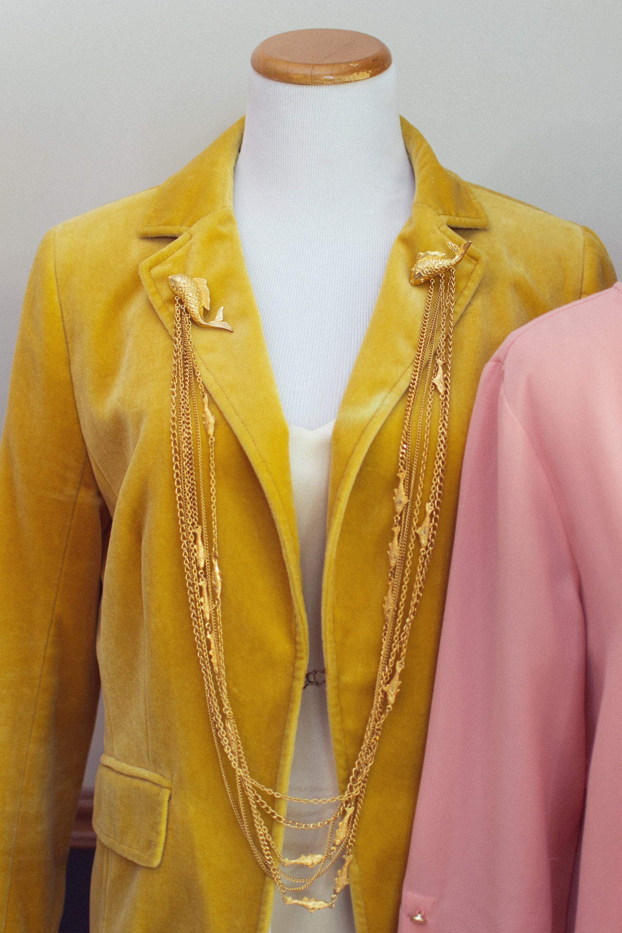 Vintage Long Gold Chatelaine Brooch with Jumping Koi Fish by 1980s - Vintage Meet Modern Vintage Jewelry - Chicago, Illinois - #oldhollywoodglamour #vintagemeetmodern #designervintage #jewelrybox #antiquejewelry #vintagejewelry