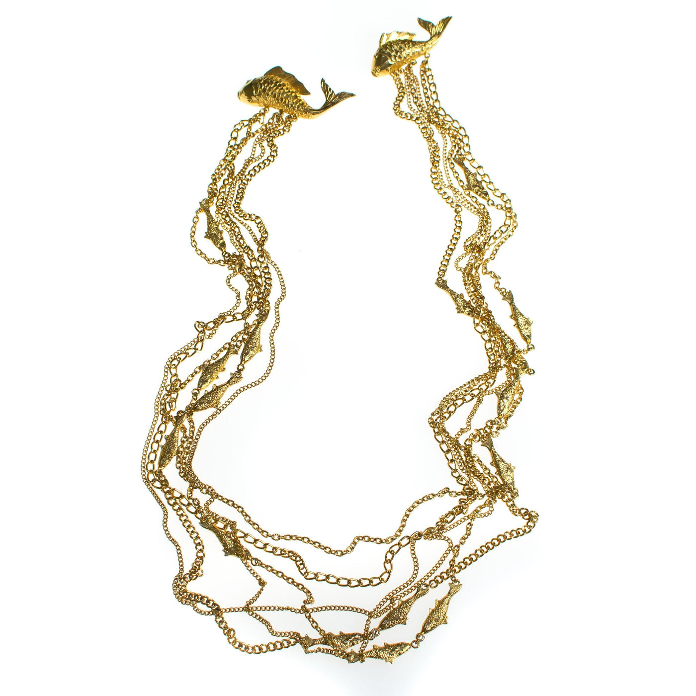 Vintage Long Gold Chatelaine Brooch with Jumping Koi Fish