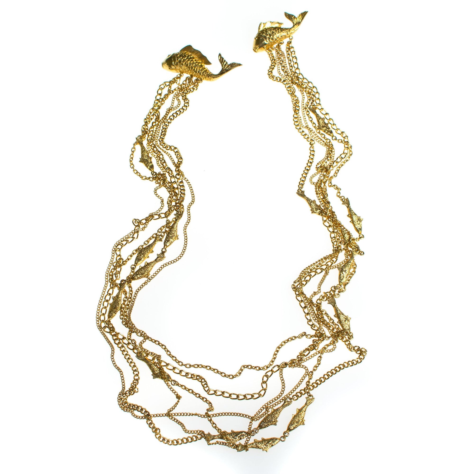 Vintage Long Gold Chatelaine Brooch with Jumping Koi Fish by 1980s - Vintage Meet Modern Vintage Jewelry - Chicago, Illinois - #oldhollywoodglamour #vintagemeetmodern #designervintage #jewelrybox #antiquejewelry #vintagejewelry