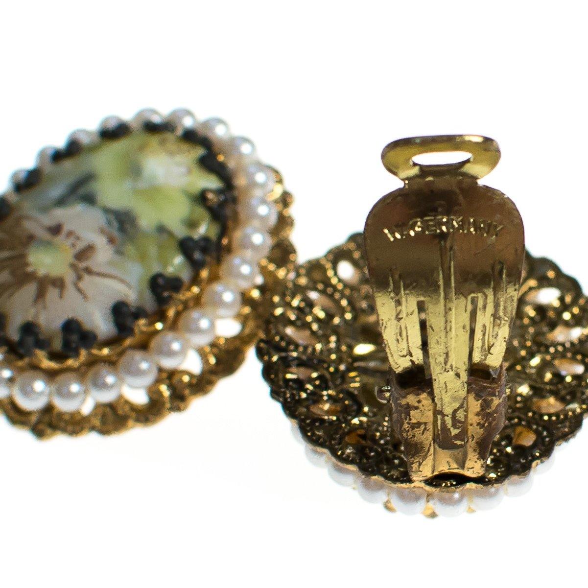 Vintage West Germany Oval Gold Filigree Earrings with Pastel Flowers and Pearls Clip On by West Germany - Vintage Meet Modern Vintage Jewelry - Chicago, Illinois - #oldhollywoodglamour #vintagemeetmodern #designervintage #jewelrybox #antiquejewelry #vintagejewelry