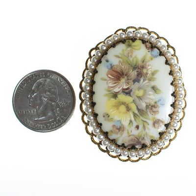 Vintage West Germany Oval Brooch with with Pastel Flowers and Faux Pearls by West Germany - Vintage Meet Modern Vintage Jewelry - Chicago, Illinois - #oldhollywoodglamour #vintagemeetmodern #designervintage #jewelrybox #antiquejewelry #vintagejewelry