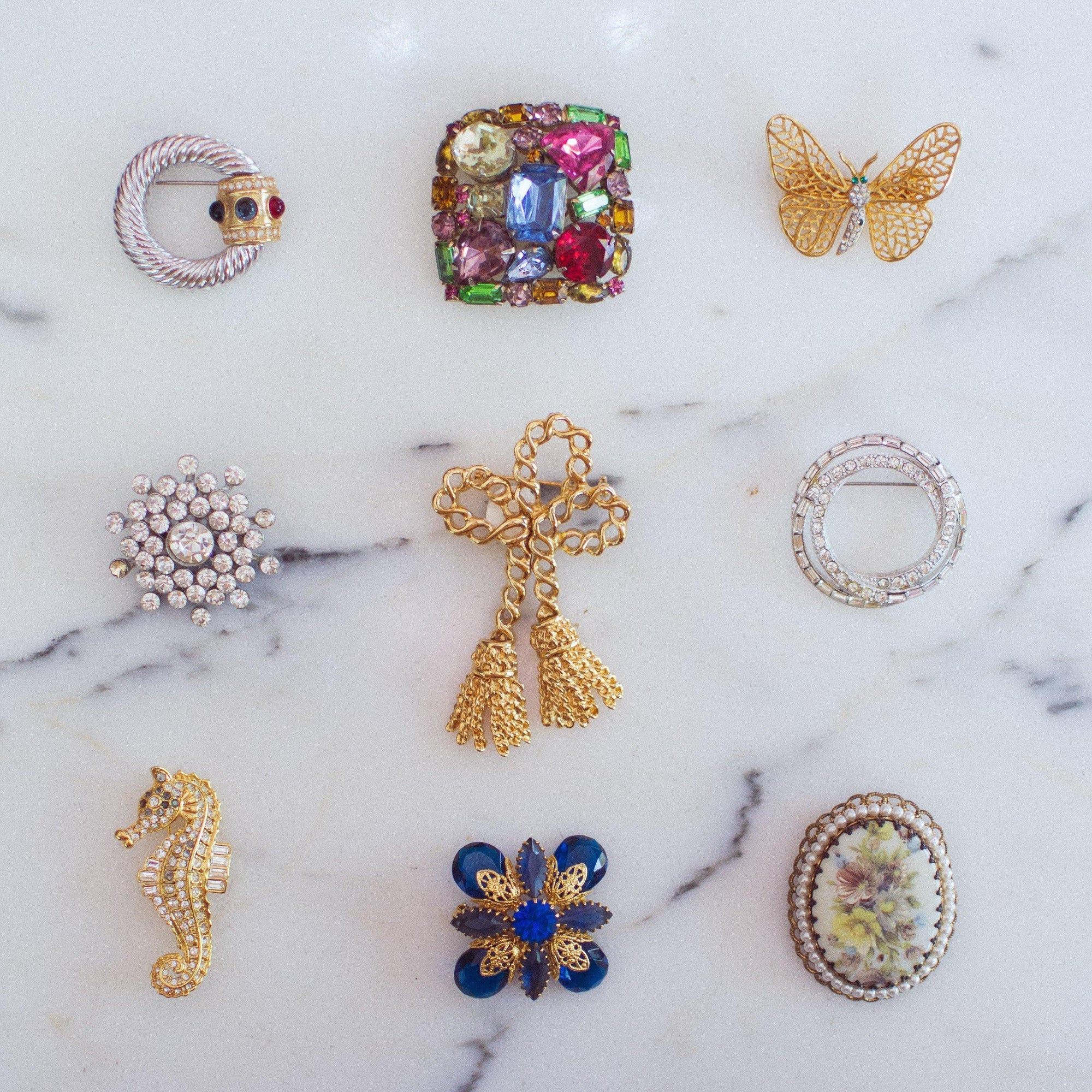 Vintage Nolan Miller Seahorse Brooch, Diamante Crystals, Gold Tone by Nolan Miller - Vintage Meet Modern Vintage Jewelry - Chicago, Illinois - #oldhollywoodglamour #vintagemeetmodern #designervintage #jewelrybox #antiquejewelry #vintagejewelry