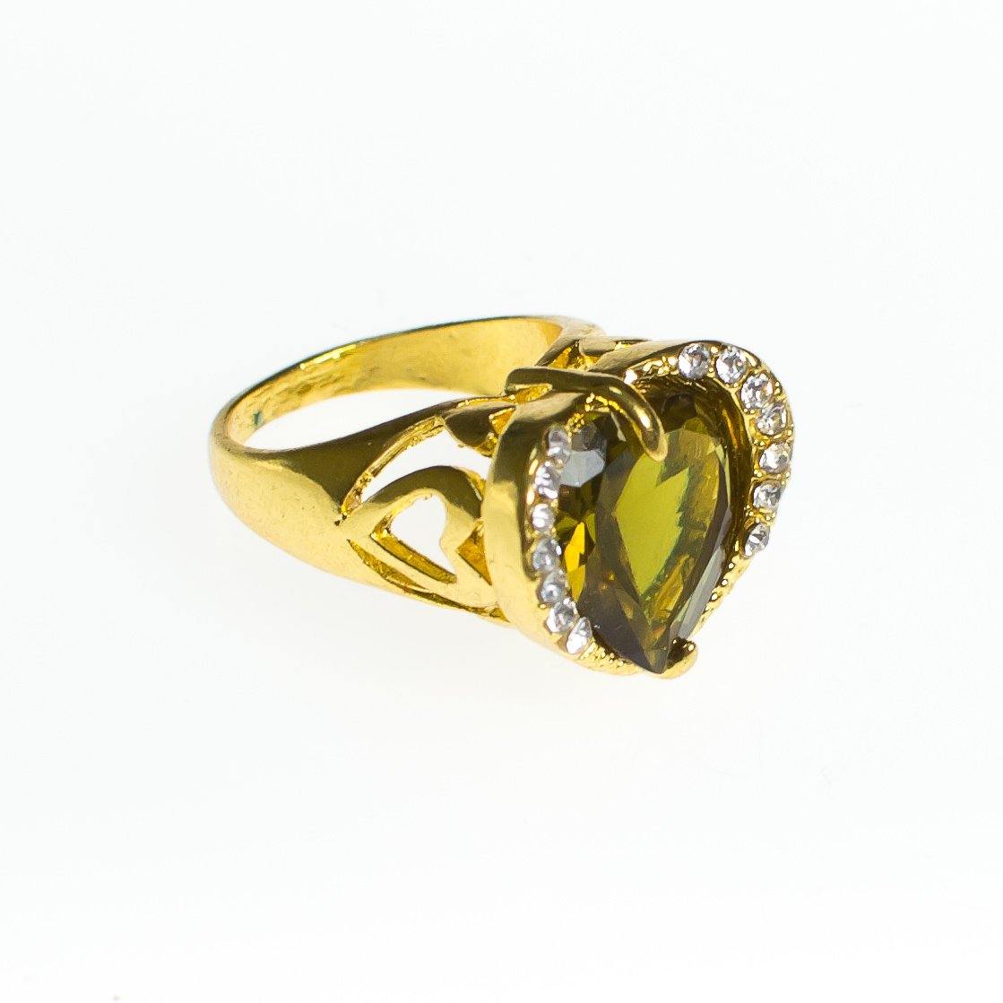 Vintage Olive Crystal Heart and Diamante Crystal Statement Ring Size 7.5