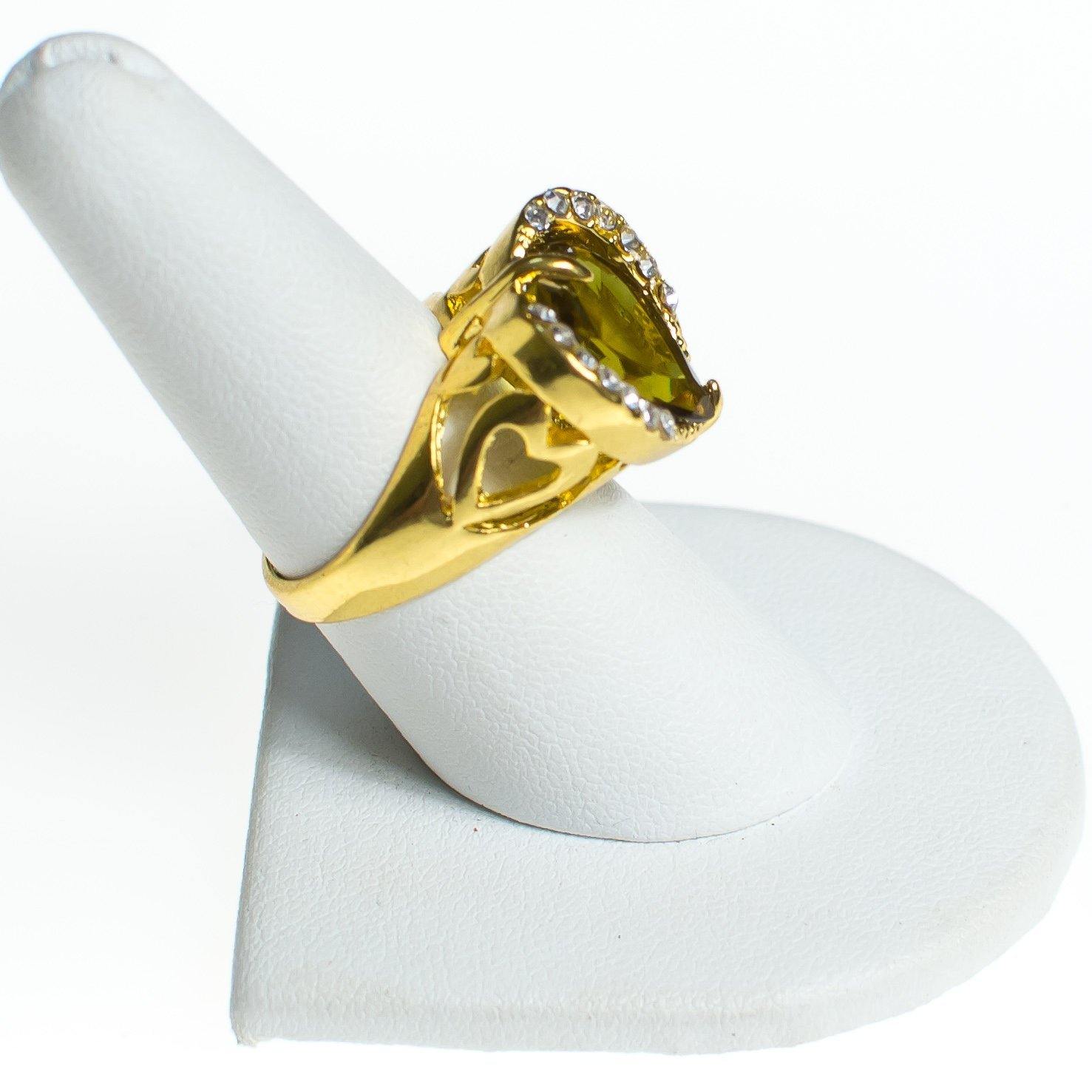 Vintage Olive Crystal Heart and Diamante Crystal Statement Ring Size 7.5 by 1980s - Vintage Meet Modern Vintage Jewelry - Chicago, Illinois - #oldhollywoodglamour #vintagemeetmodern #designervintage #jewelrybox #antiquejewelry #vintagejewelry