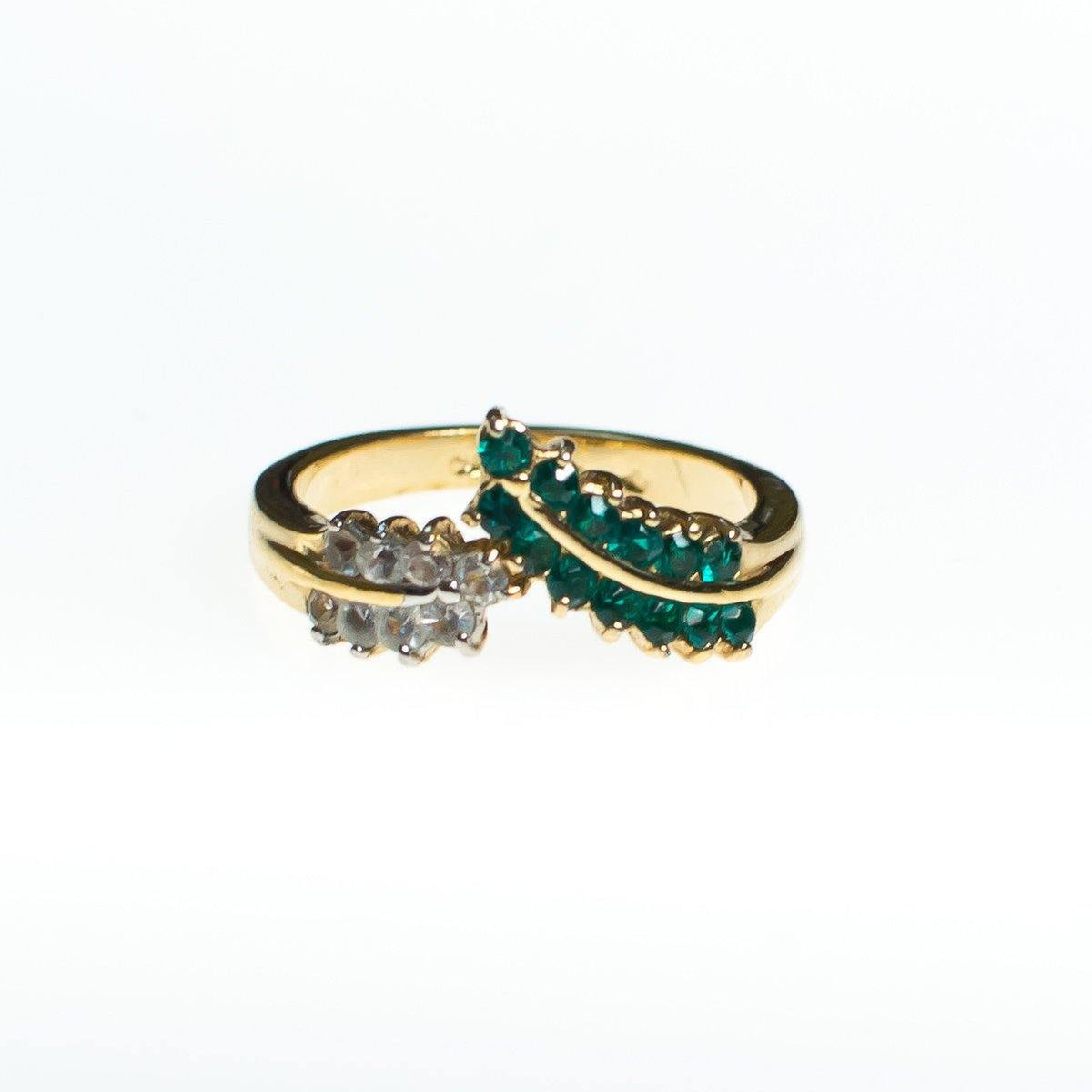 Vintage 1980s Emerald Crystal and CZ 18kt Gold Plated Statement Ring