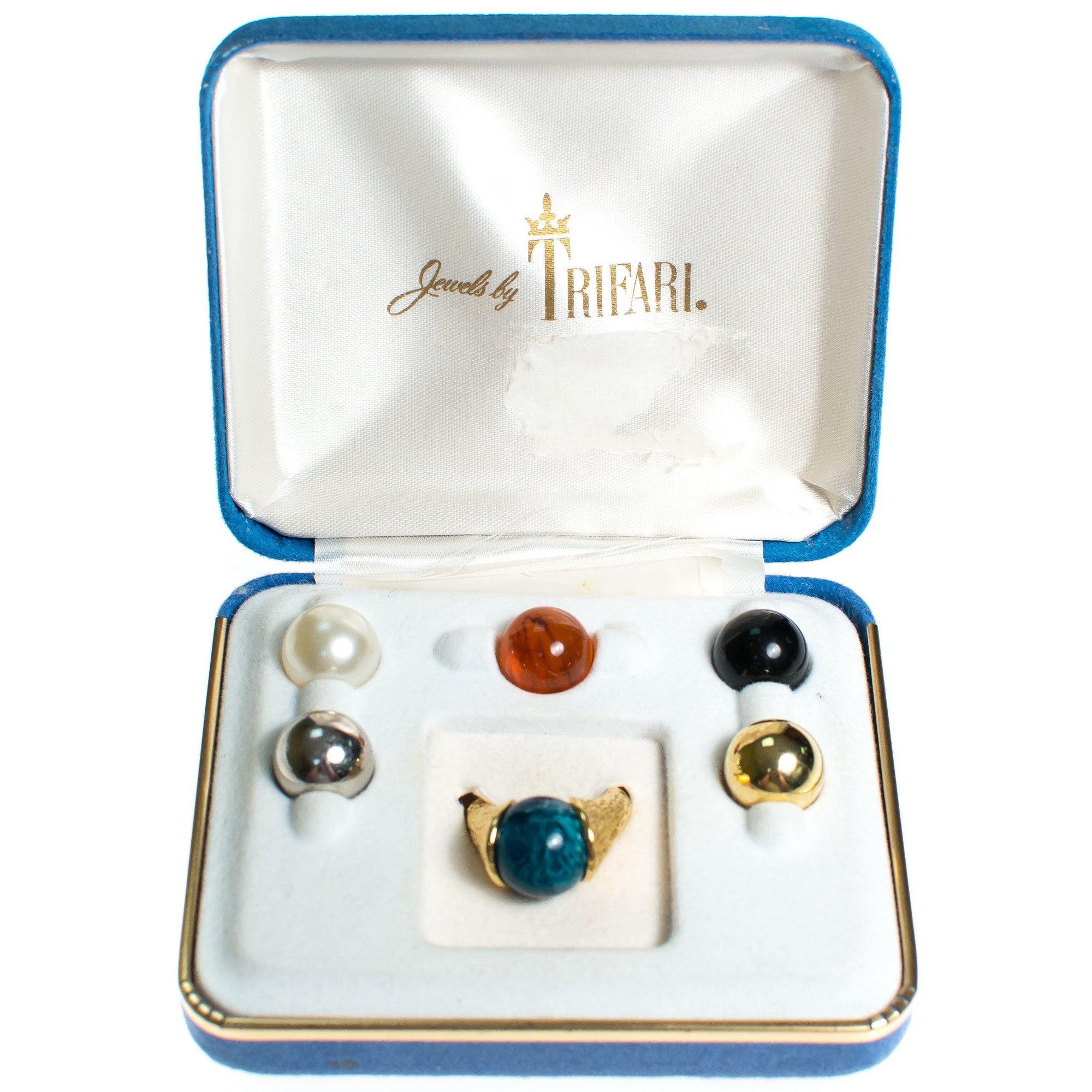 Vintage Crown Trifari Interchangeable Statement Ring, Gold, Silver, Green, Red, Black and Faux Pearl Gems, Ring Size Adjustable by Crown Trifari - Vintage Meet Modern Vintage Jewelry - Chicago, Illinois - #oldhollywoodglamour #vintagemeetmodern #designervintage #jewelrybox #antiquejewelry #vintagejewelry