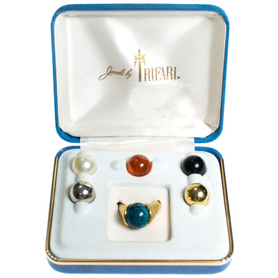 Vintage Crown Trifari Interchangeable Statement Ring, Gold, Silver, Green, Red, Black and Faux Pearl Gems, Ring Size Adjustable by Crown Trifari - Vintage Meet Modern Vintage Jewelry - Chicago, Illinois - #oldhollywoodglamour #vintagemeetmodern #designervintage #jewelrybox #antiquejewelry #vintagejewelry