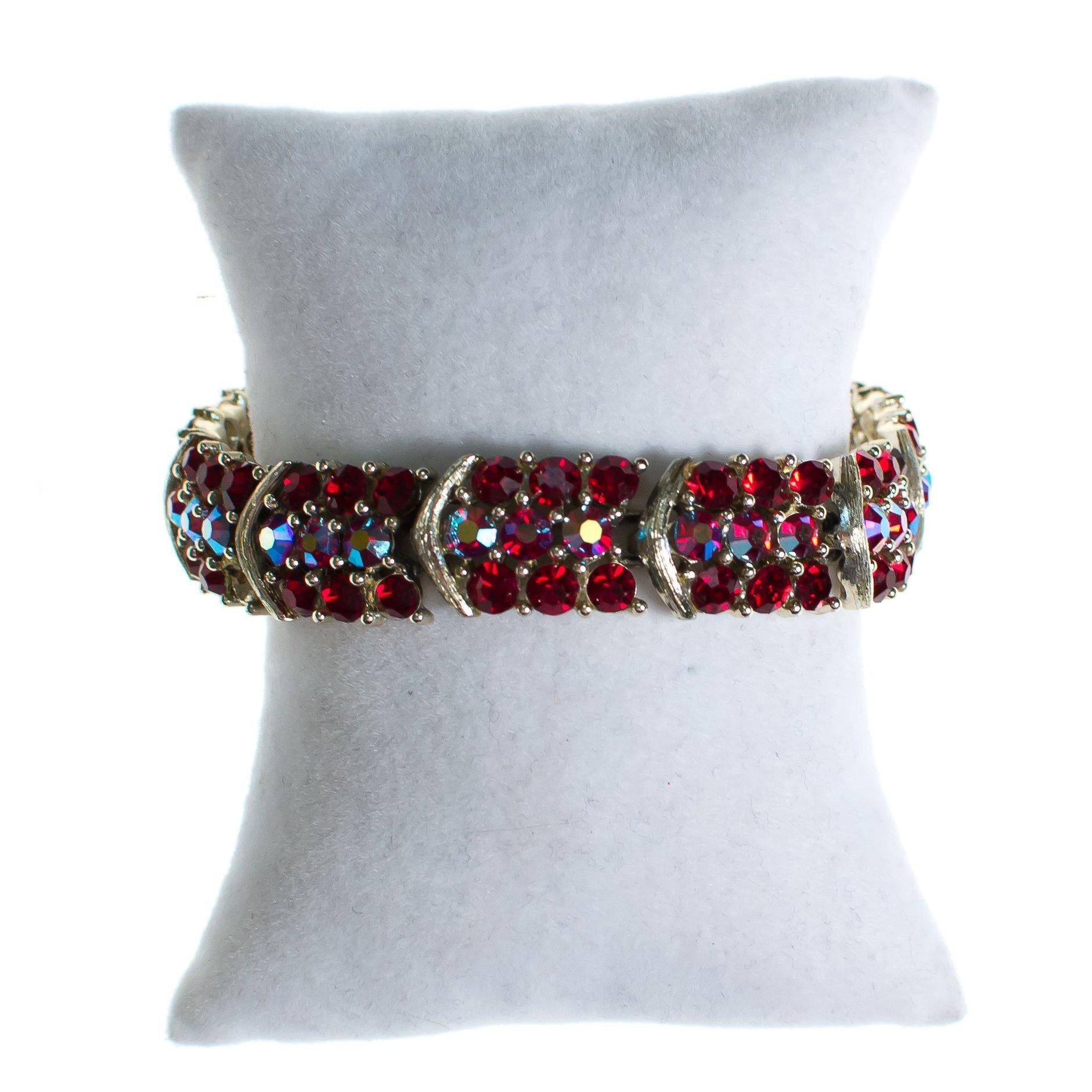 Vintage Lisner Red Aurora Borealis Carnival Glass Crystal Bracelet by Lisner - Vintage Meet Modern Vintage Jewelry - Chicago, Illinois - #oldhollywoodglamour #vintagemeetmodern #designervintage #jewelrybox #antiquejewelry #vintagejewelry