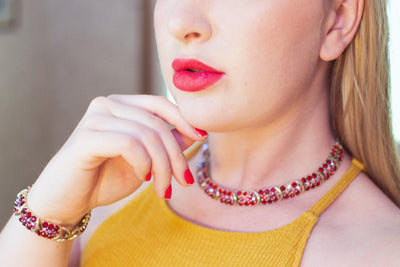 Vintage Lisner Red Aurora Borealis Carnival Glass Rhinestone Crystal Necklace by Lisner - Vintage Meet Modern Vintage Jewelry - Chicago, Illinois - #oldhollywoodglamour #vintagemeetmodern #designervintage #jewelrybox #antiquejewelry #vintagejewelry