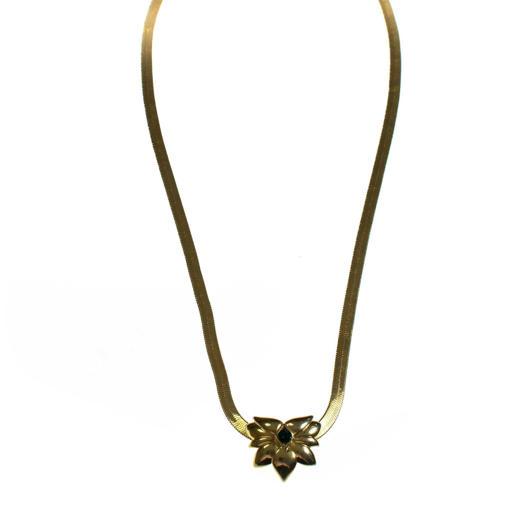 Vintage Barbara Mandrell Gold Slide Pendant with Emerald Crystal Long Gold Serpentine Chain Necklace by Barbara Mandrell - Vintage Meet Modern Vintage Jewelry - Chicago, Illinois - #oldhollywoodglamour #vintagemeetmodern #designervintage #jewelrybox #antiquejewelry #vintagejewelry